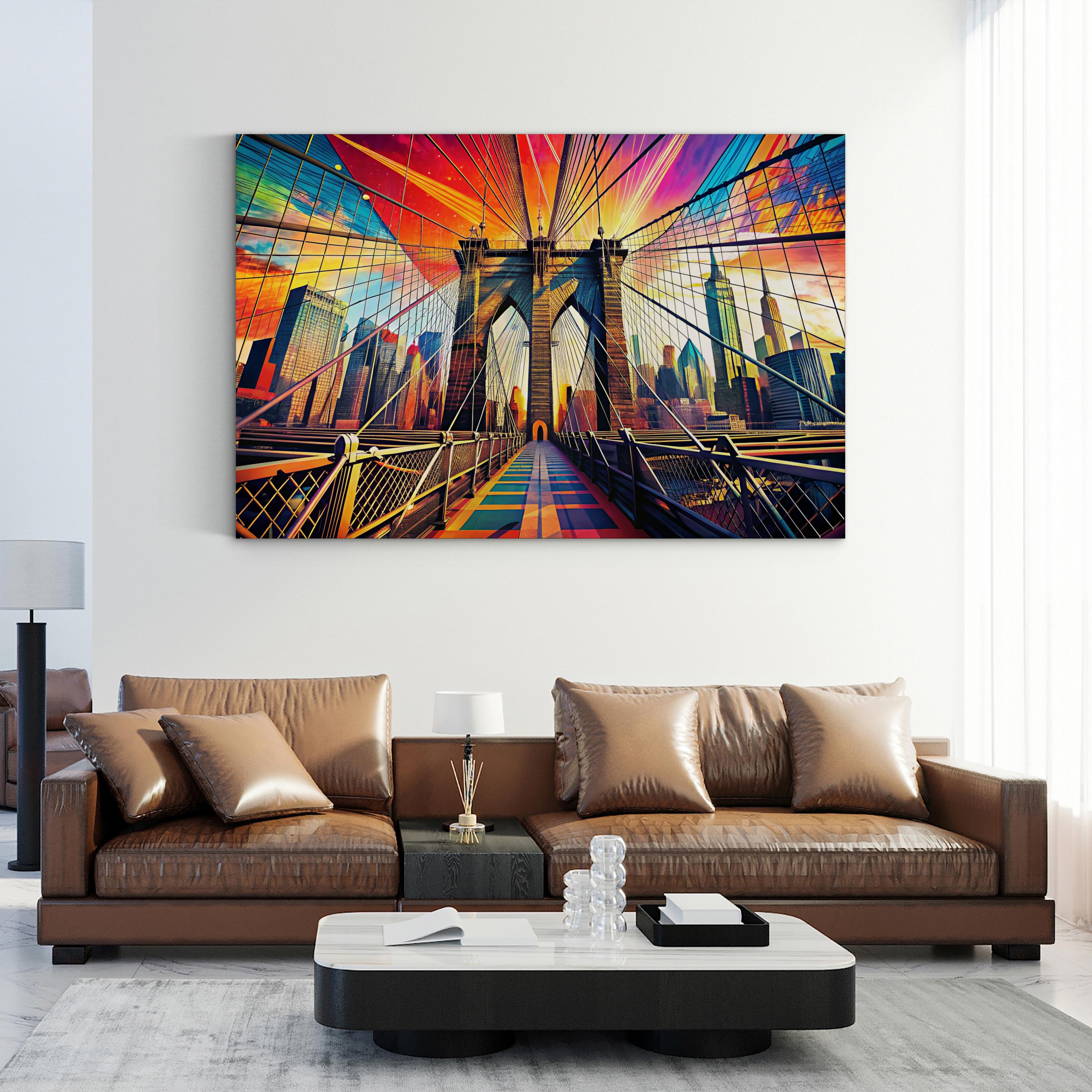 Brooklyn Bridge Bold Color – Period Illustration Wall Art | Contemporary NYC Canvas Print