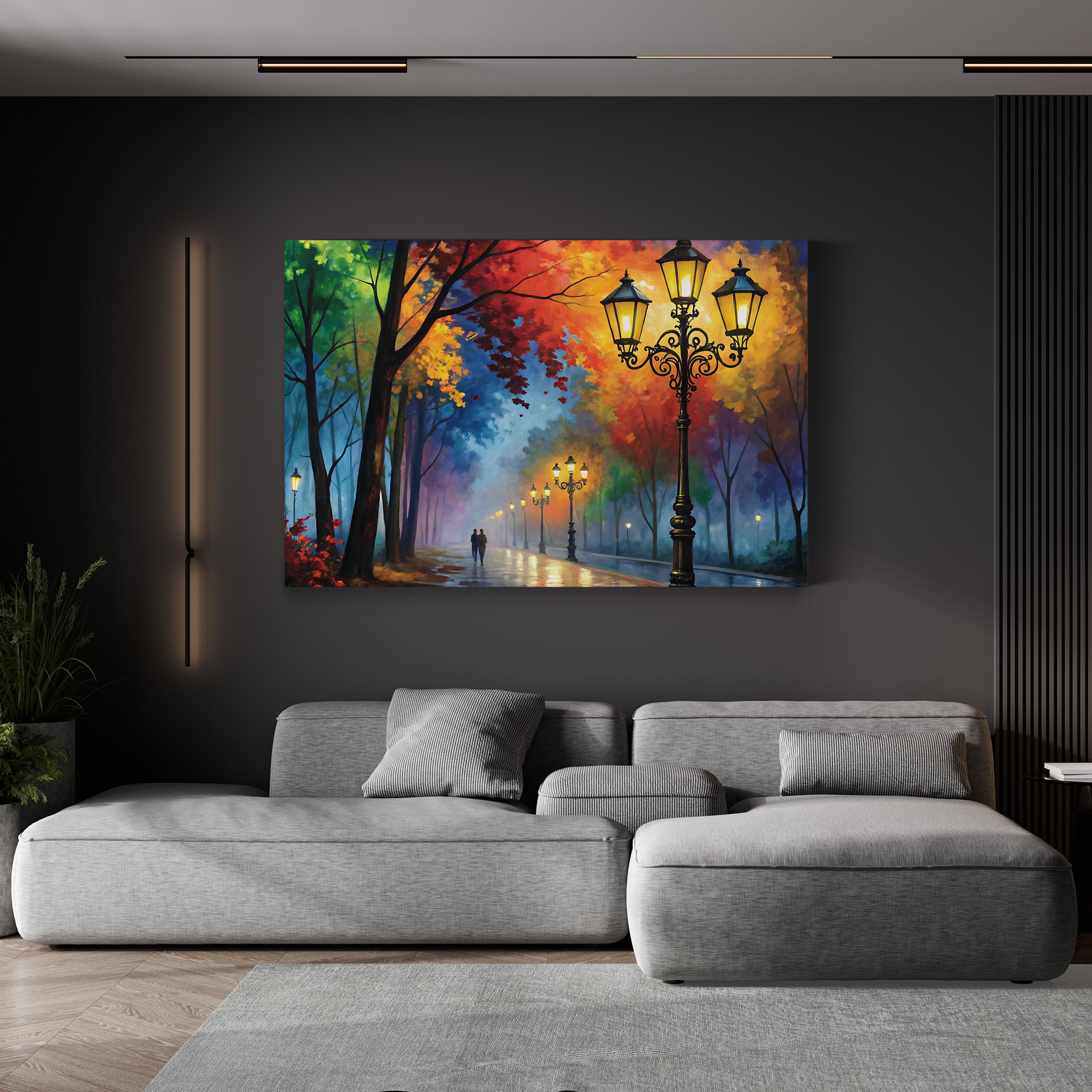 Autumn Street Lanterns – Period Illustration Wall Art | Tree-Lined Pathway Canvas Print