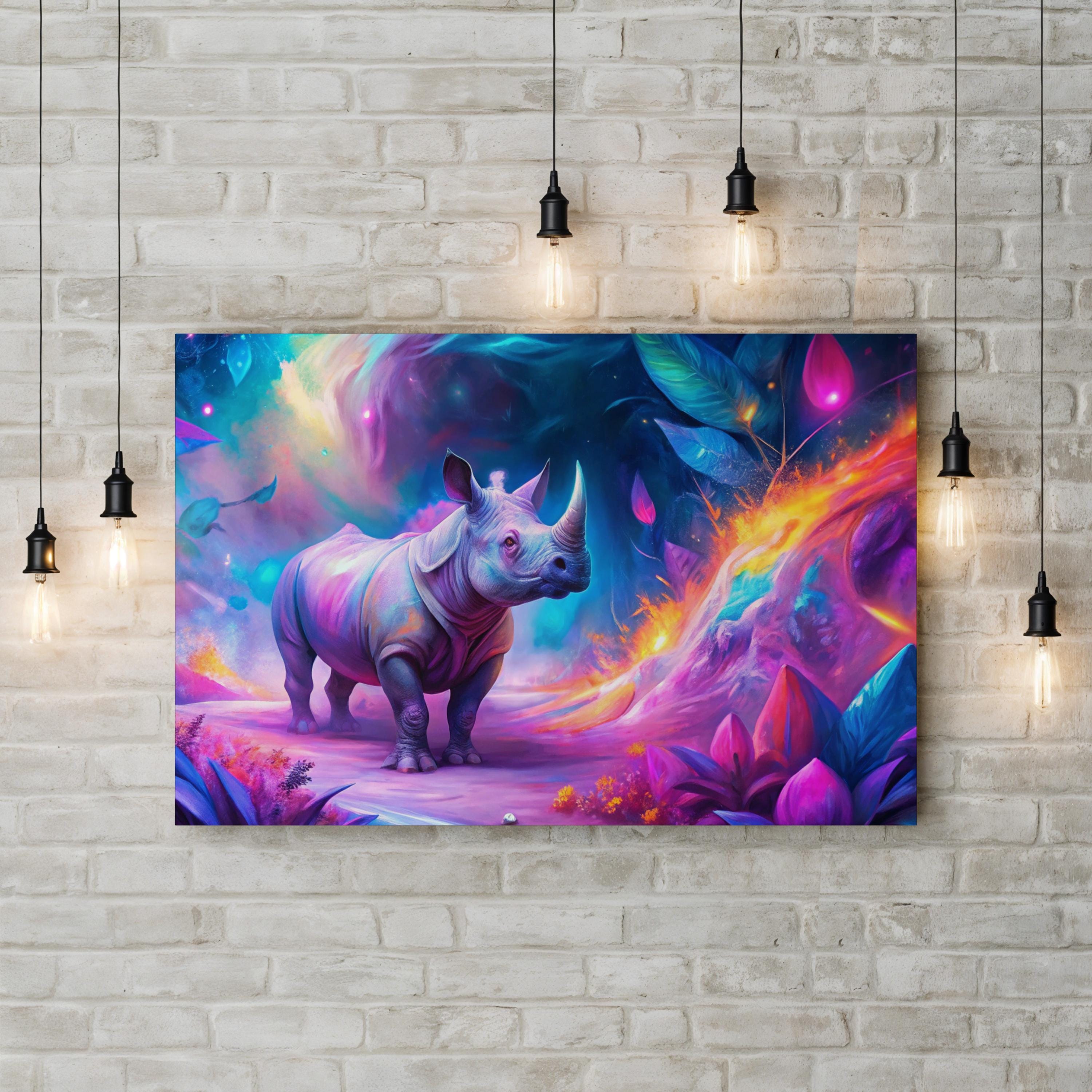 Vibrant Neon Rhino – Period Illustration Wall Art | Contemporary Wildlife Canvas Print