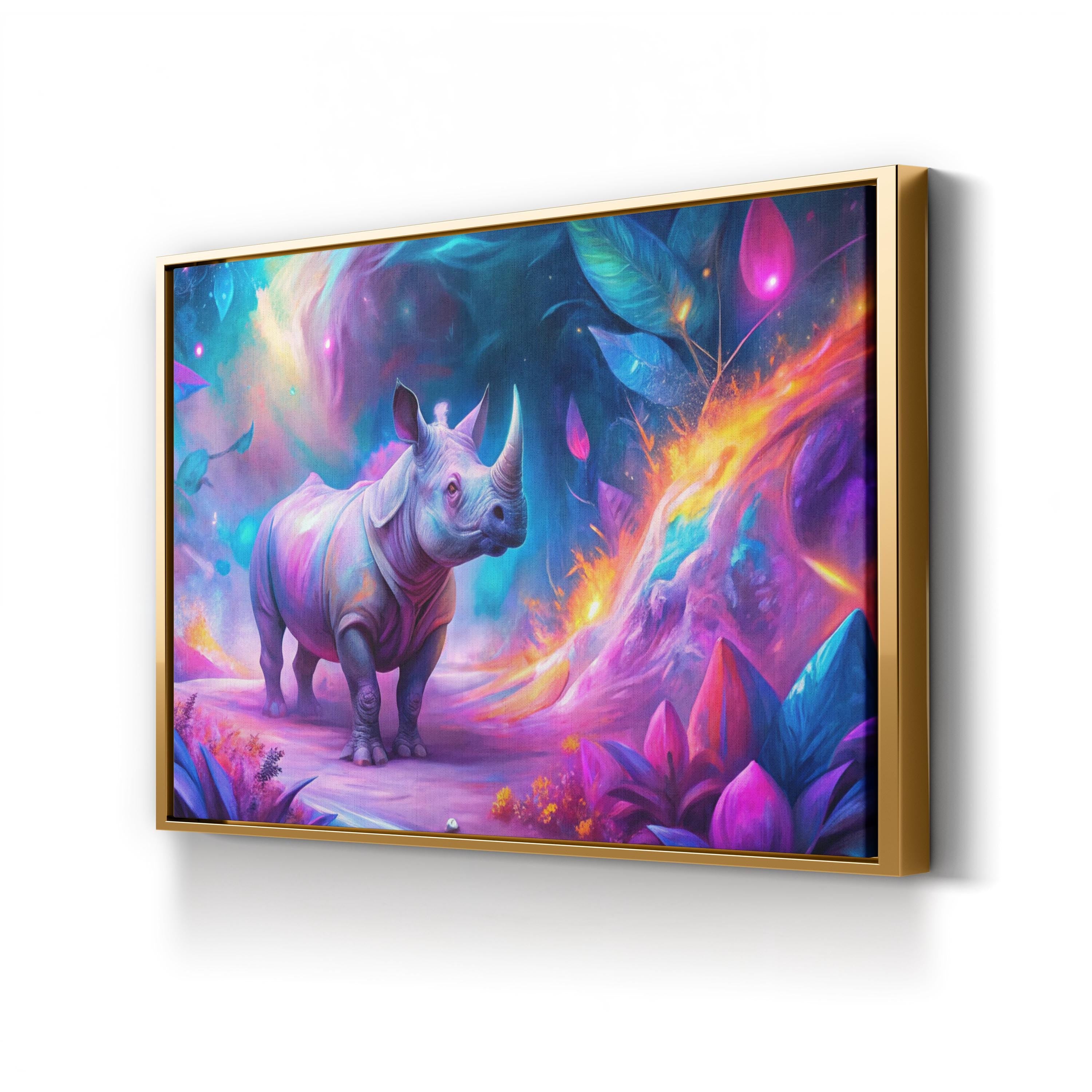 Vibrant Neon Rhino – Period Illustration Wall Art | Contemporary Wildlife Canvas Print