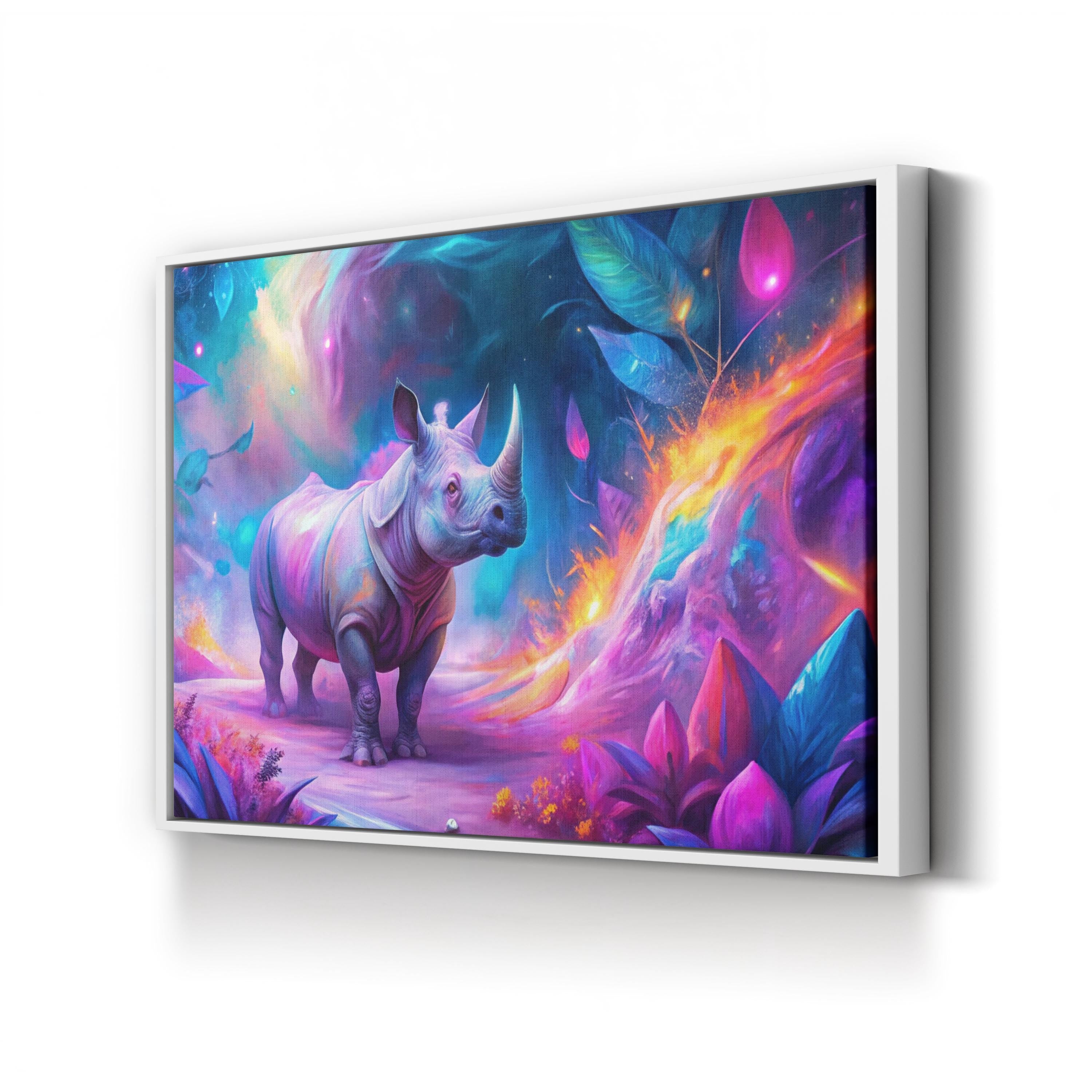 Vibrant Neon Rhino – Period Illustration Wall Art | Contemporary Wildlife Canvas Print