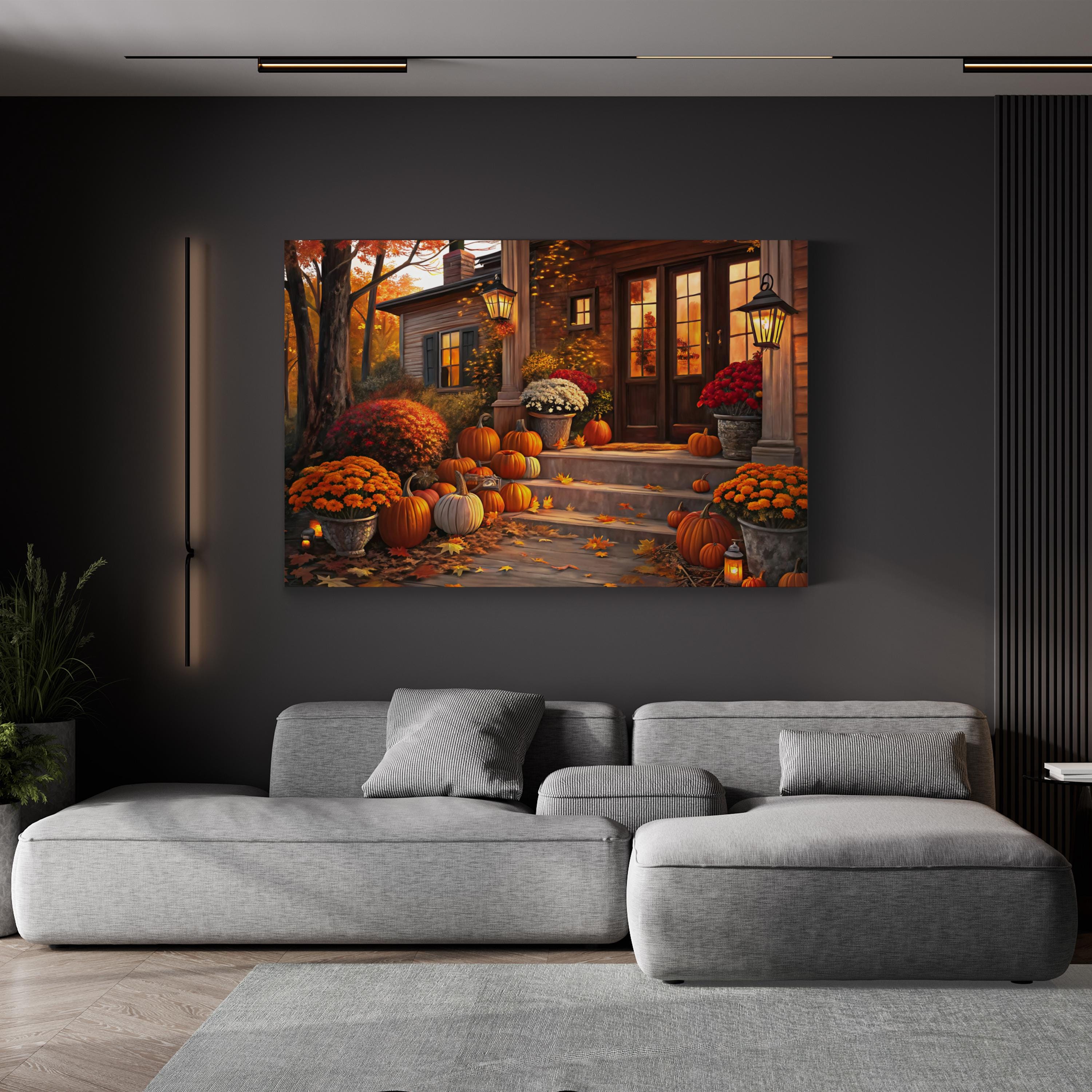 Autumn Porch with Pumpkins – Period Illustration Wall Art | Fall Harvest Canvas Print