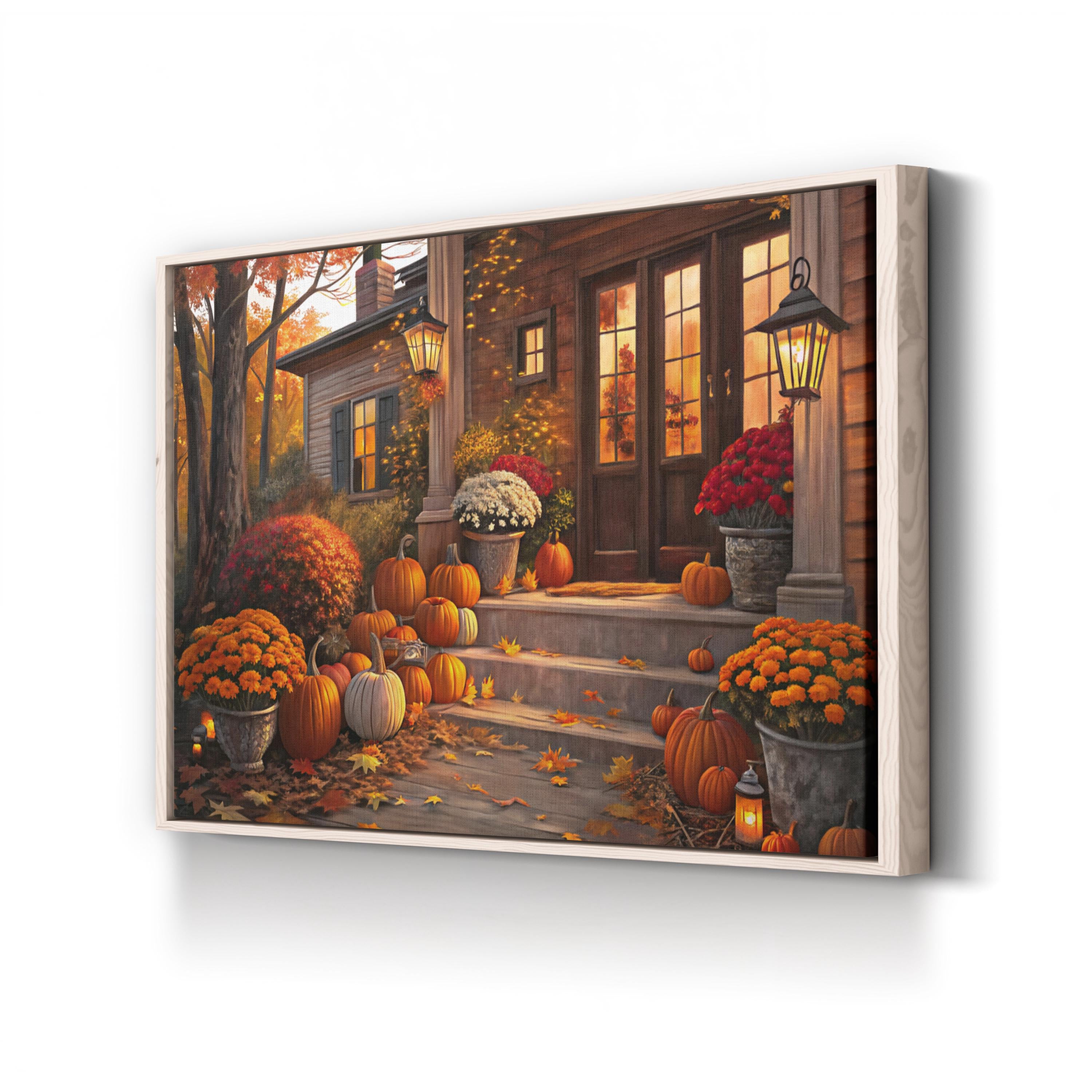 Autumn Porch with Pumpkins – Period Illustration Wall Art | Fall Harvest Canvas Print