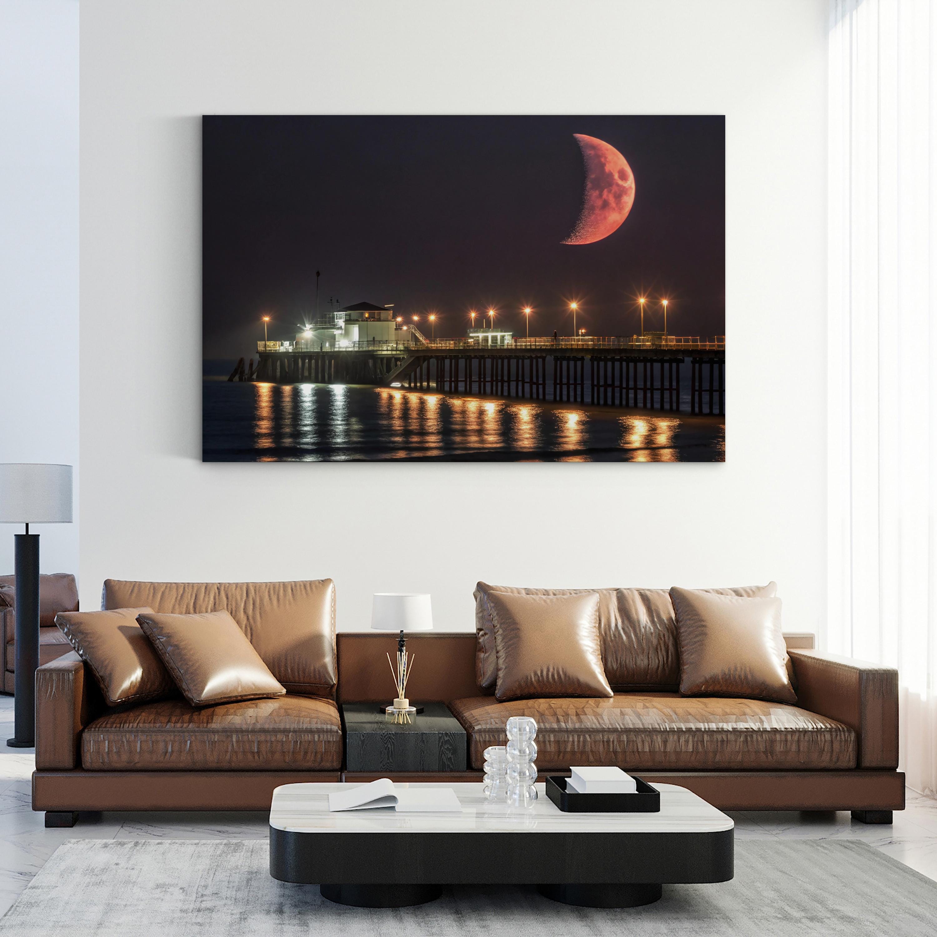 Crescent Moon Over Pier – Vintage Photography Wall Art | Night Sky Coastal Canvas Print