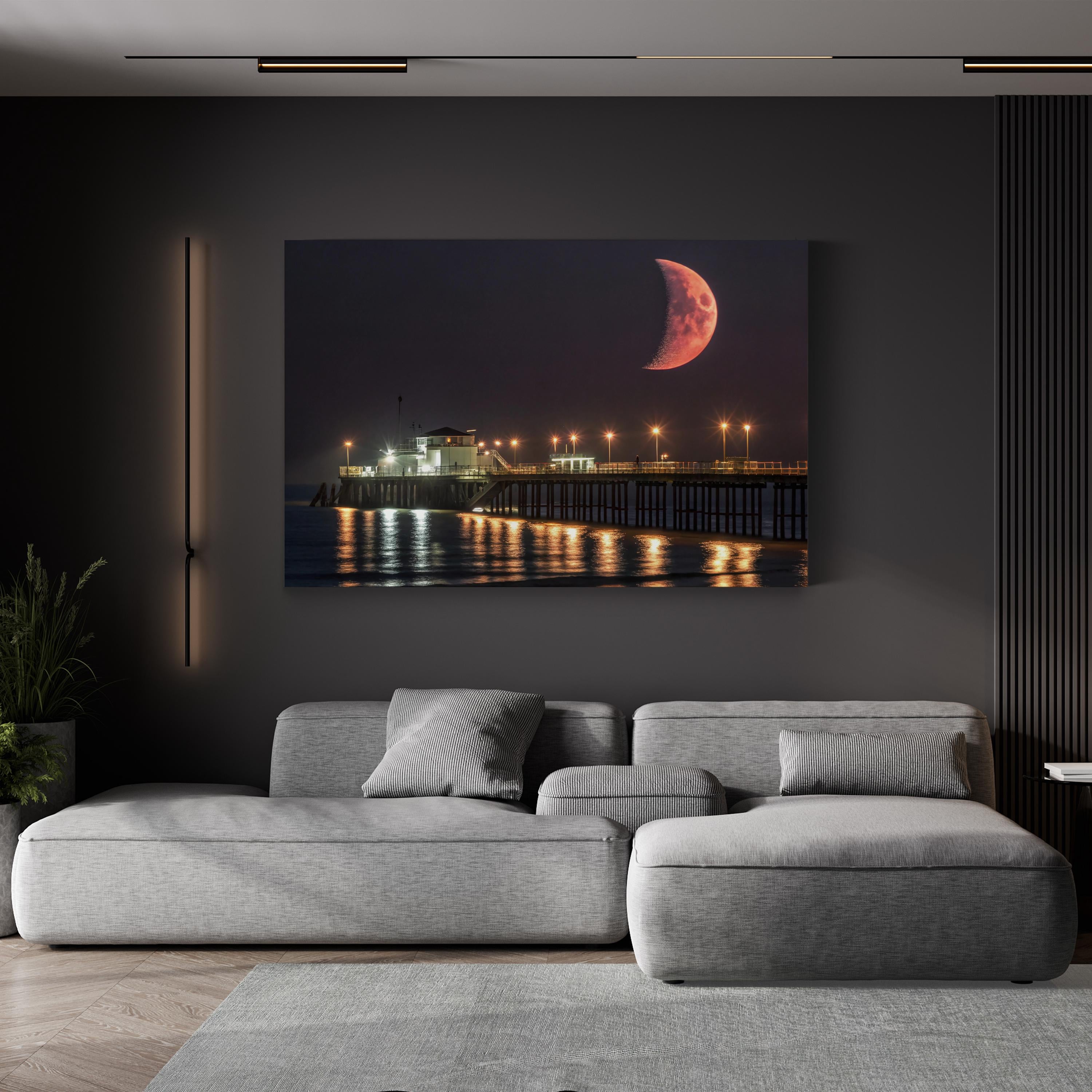 Crescent Moon Over Pier – Vintage Photography Wall Art | Night Sky Coastal Canvas Print