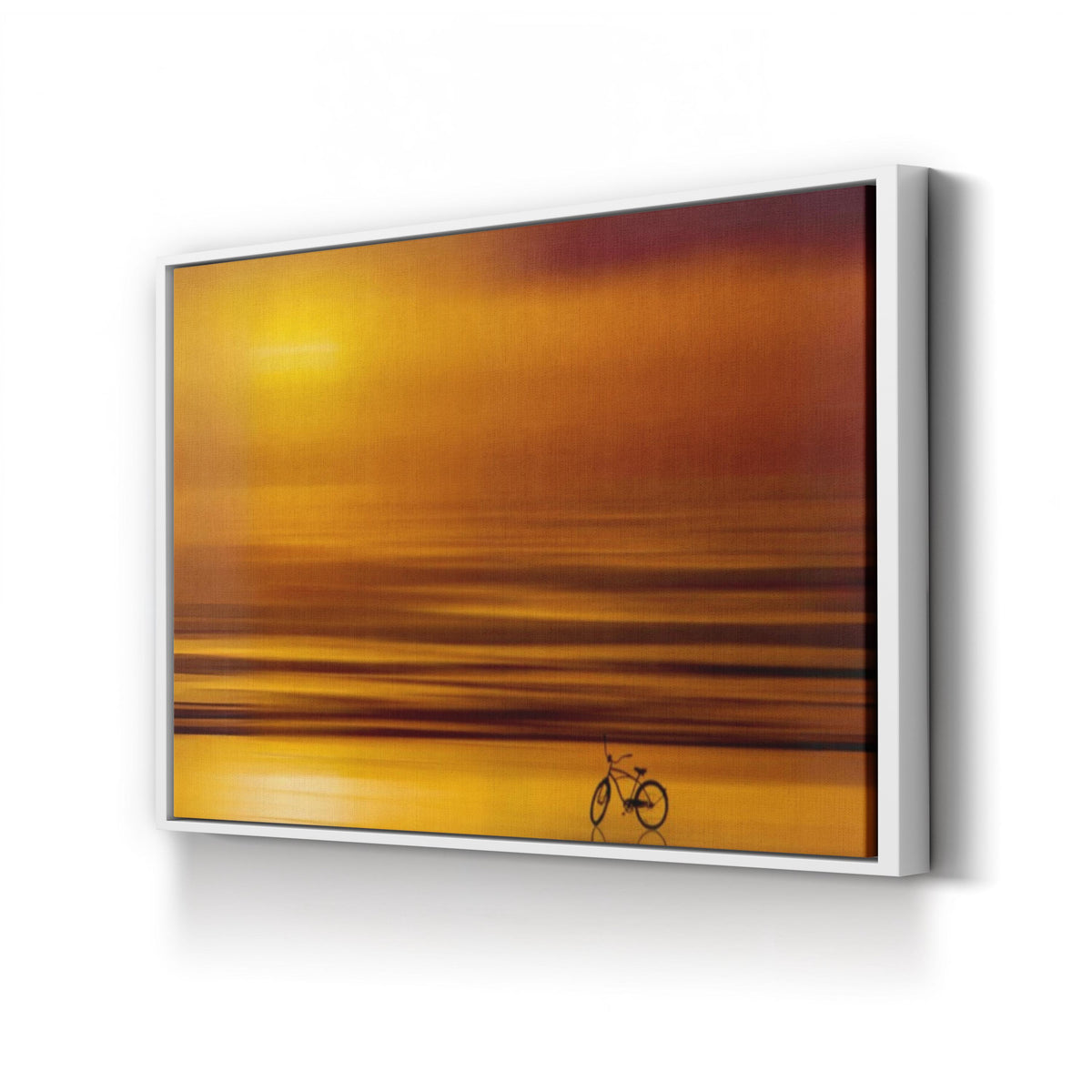 Vintage Bicycle Silhouette at Golden Sunset canvas print in white frame