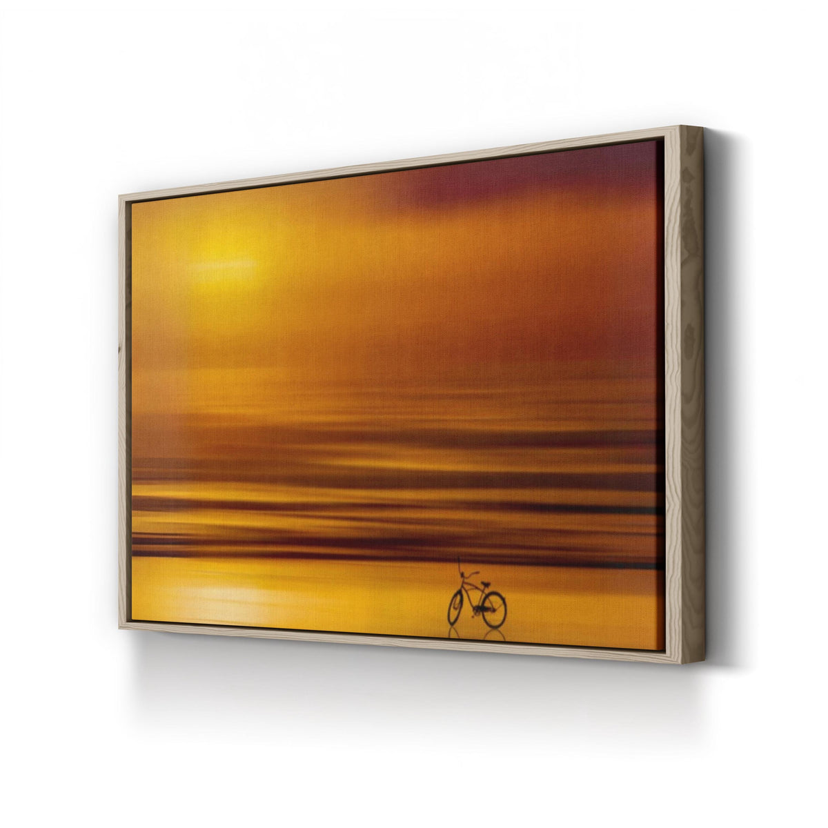 Vintage Bicycle Silhouette at Golden Sunset canvas print in oak frame