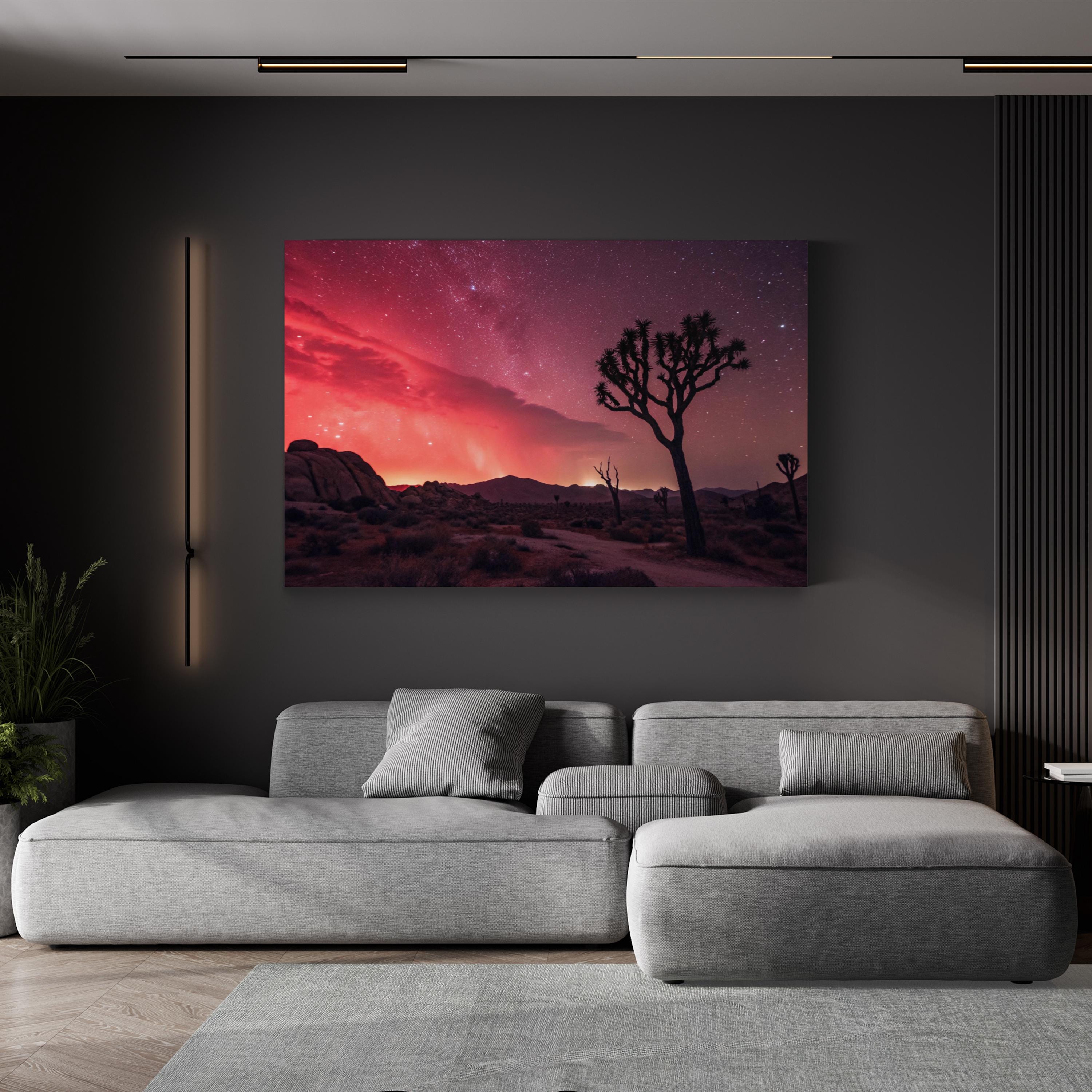 Joshua Tree Red Aurora – Vintage Photography Wall Art | Starry Desert Canvas Print