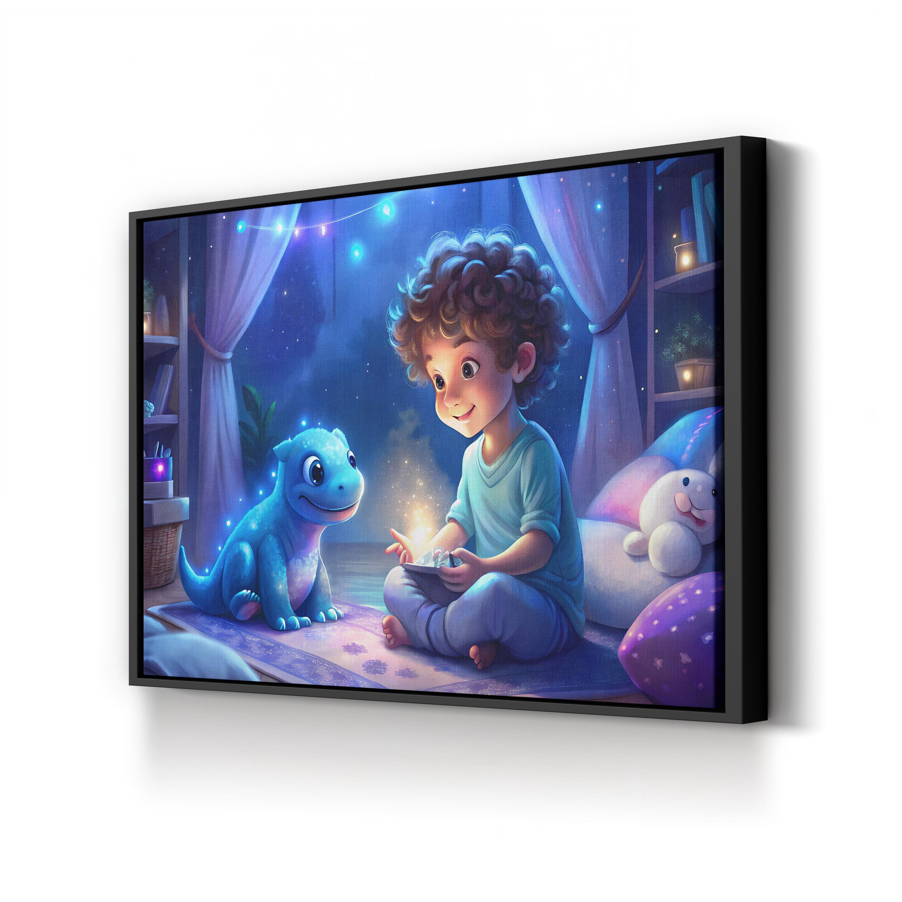 Dino Tales Dinosaur & Boy – Period Illustration Wall Art | Whimsical Nursery Canvas Print
