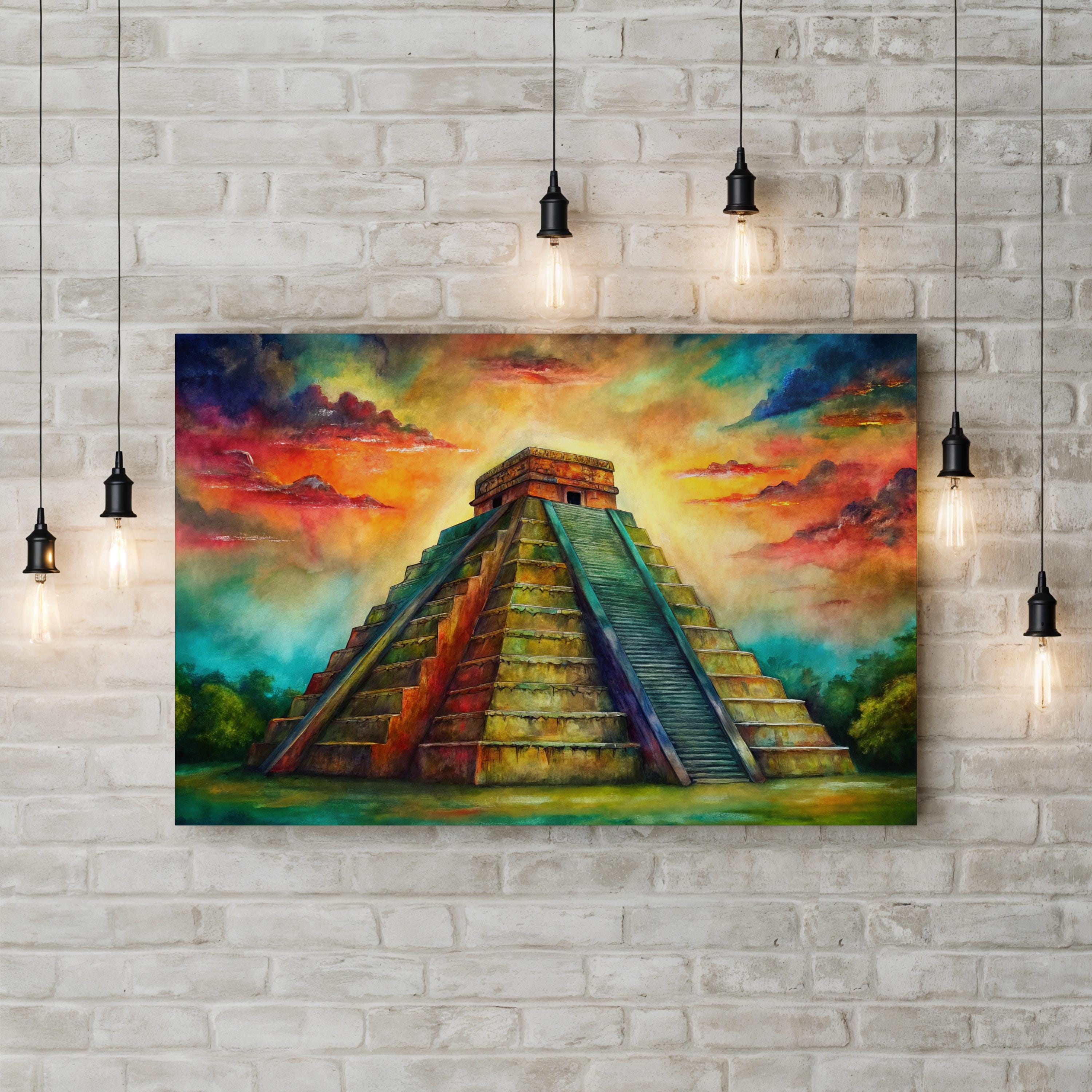 Chichen Itza El Castillo Pyramid – Period Illustration Wall Art | Mayan Architecture Canvas Print