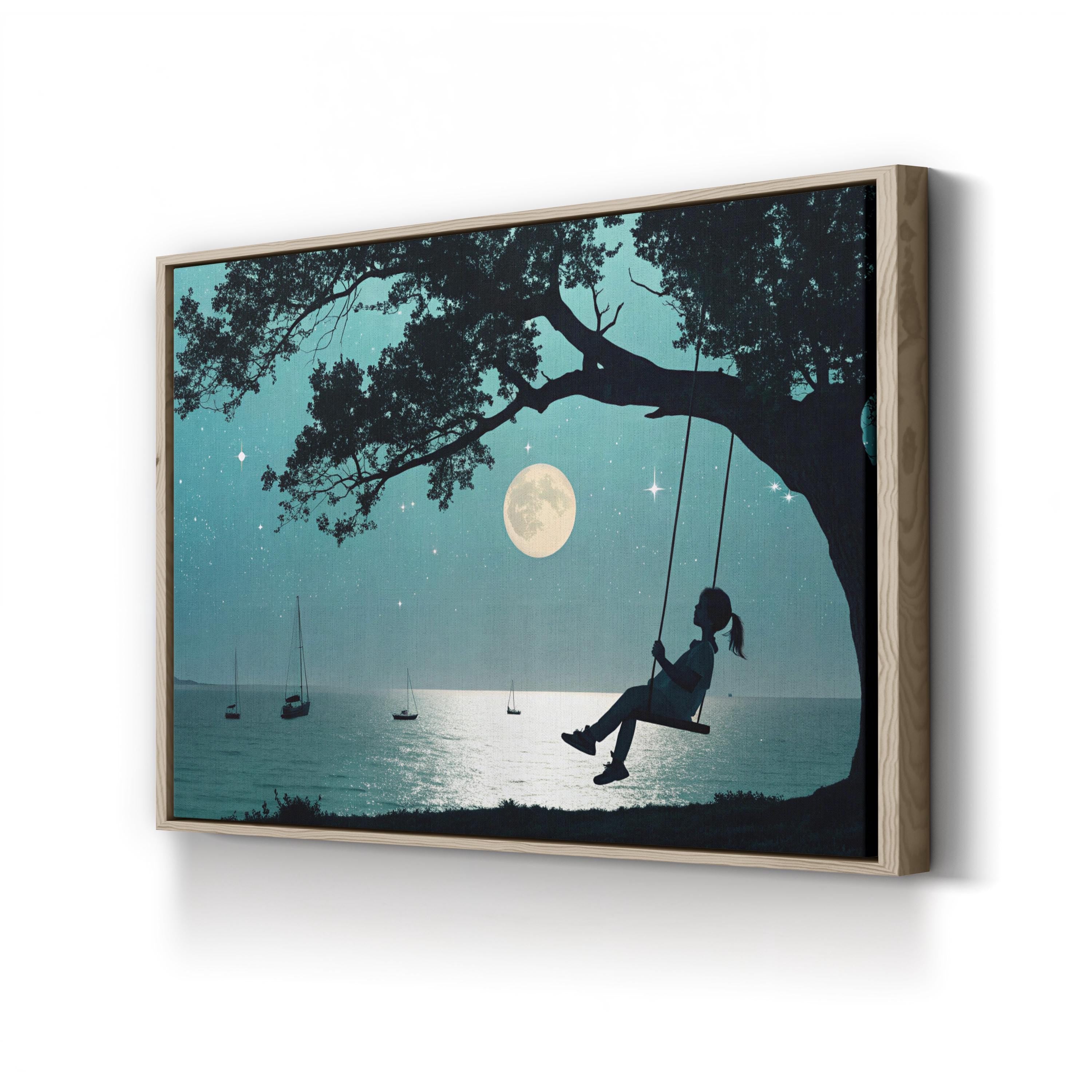 Moonlit Night Wall Art | Peaceful Tree Swing Under Full Moon Canvas Print