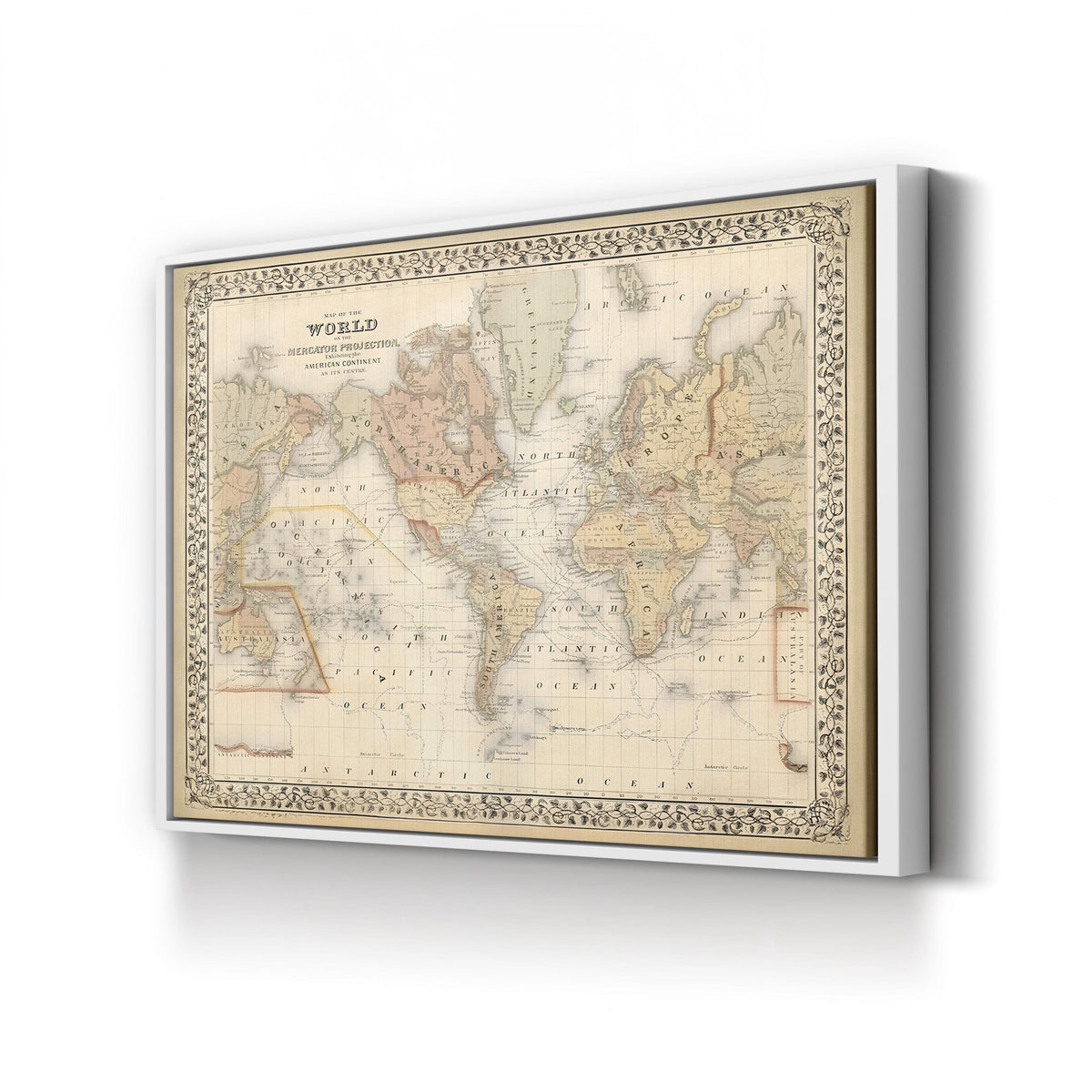 Mitchell’s Antique World Map, c. 1860 by Samuel Augustus Mitchell canvas print in White Framed Canvas