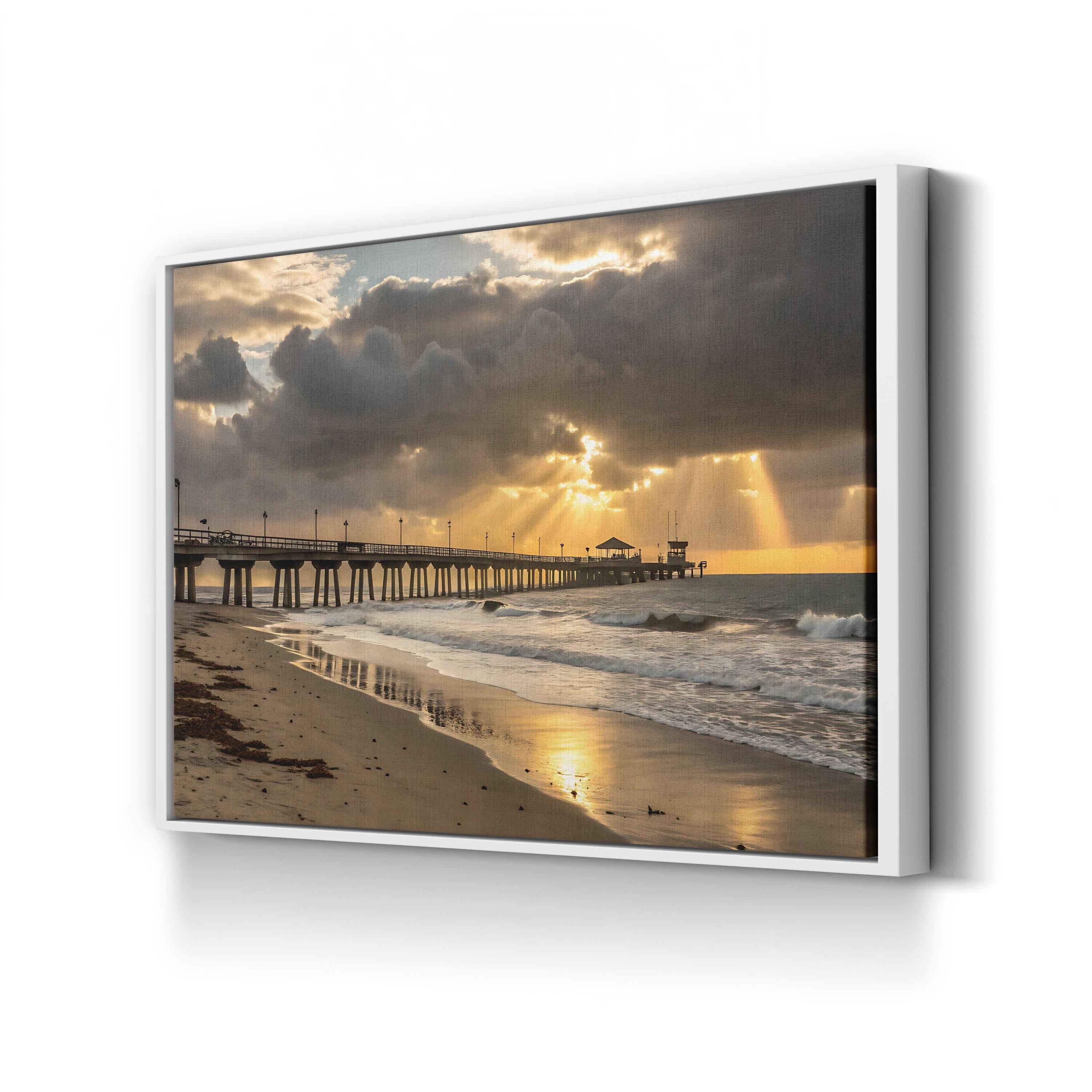 Sunset Beach Pier Sunrays – Vintage Photography Wall Art | Coastal Canvas Print