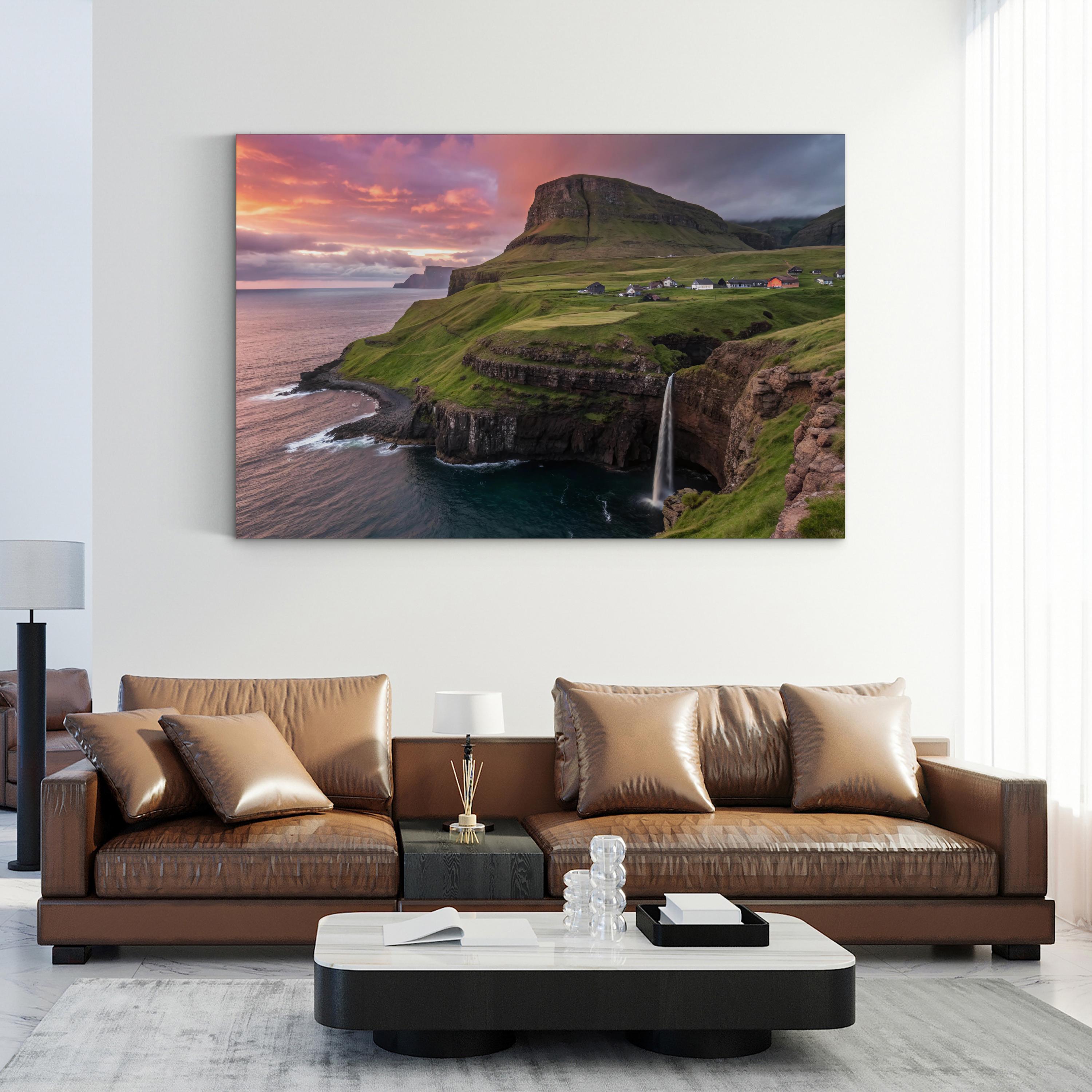 Gasadalur Sunset Iceland – Vintage Photography Wall Art | Mountain Landscape Canvas Print
