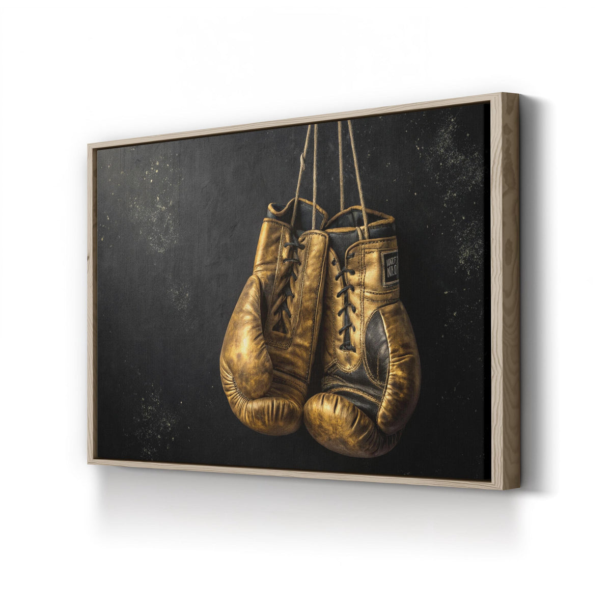 Golden Boxing Gloves Still Life canvas print in Oak frame