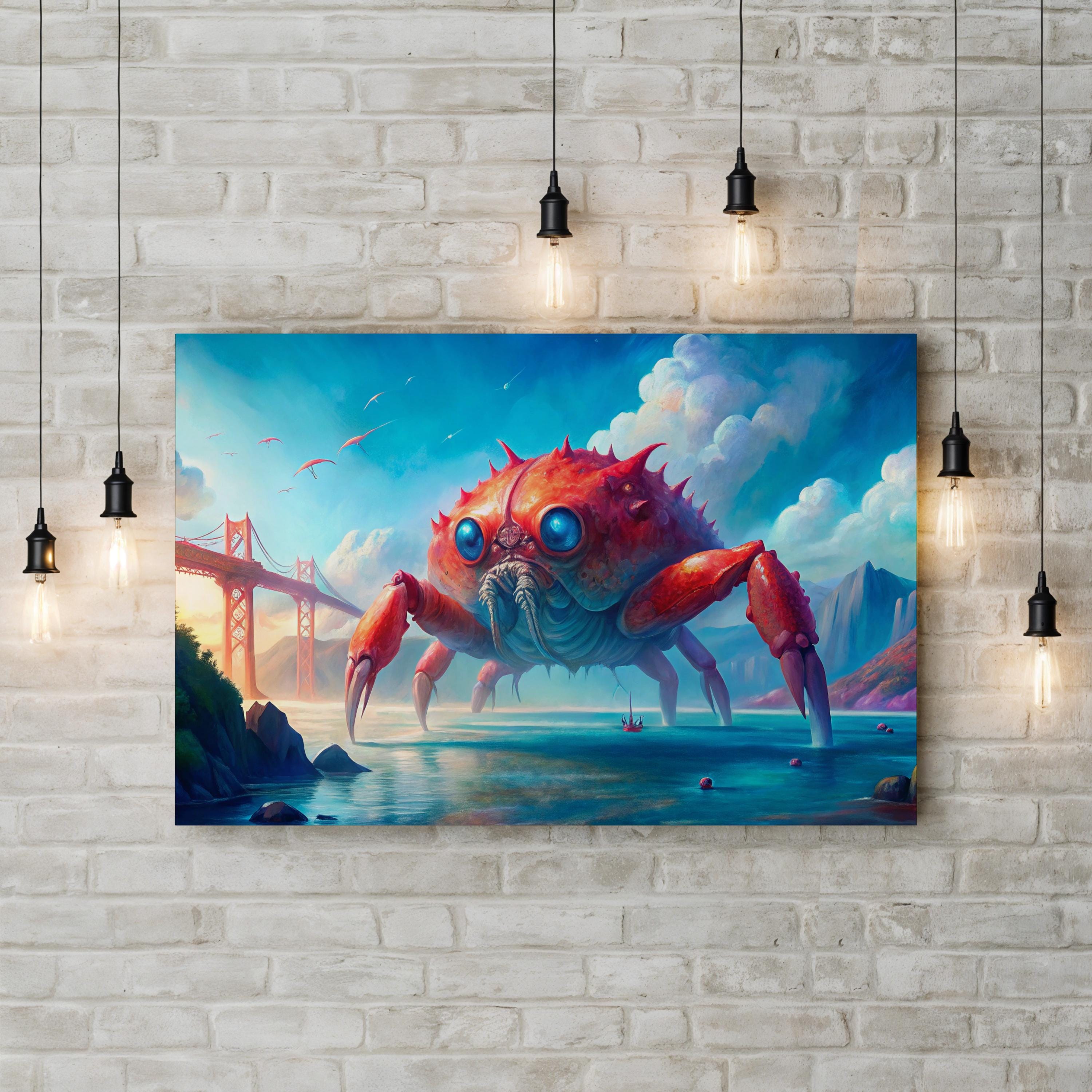 Surreal Golden Gate Giant Crab – Period Illustration Wall Art | Fantasy Canvas Print