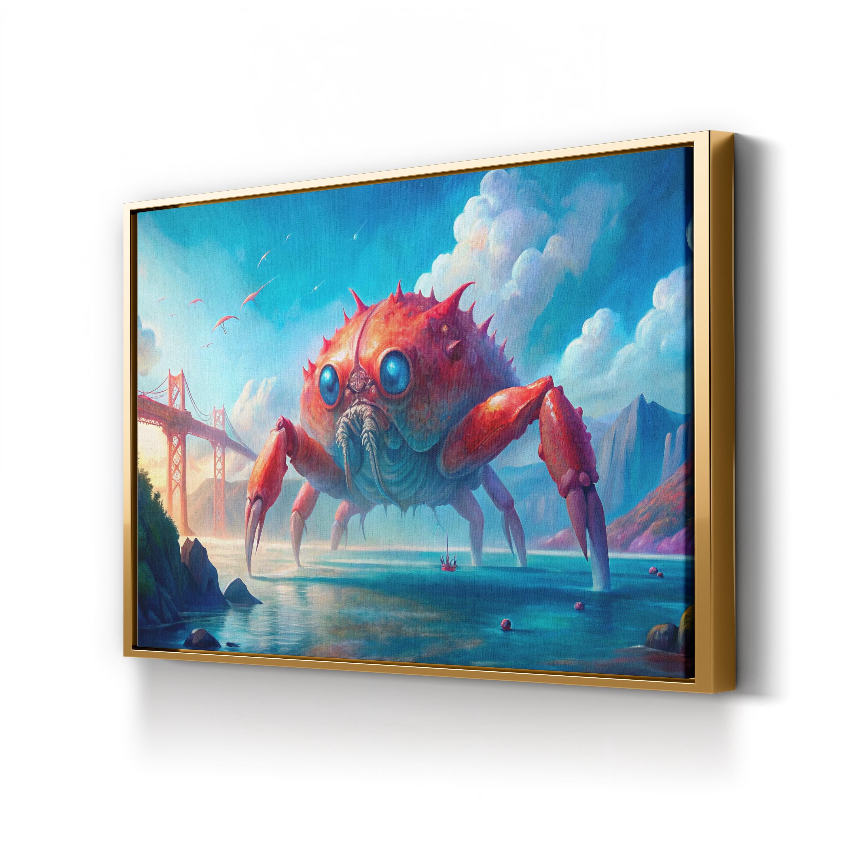 Surreal Golden Gate Giant Crab – Period Illustration Wall Art | Fantasy Canvas Print