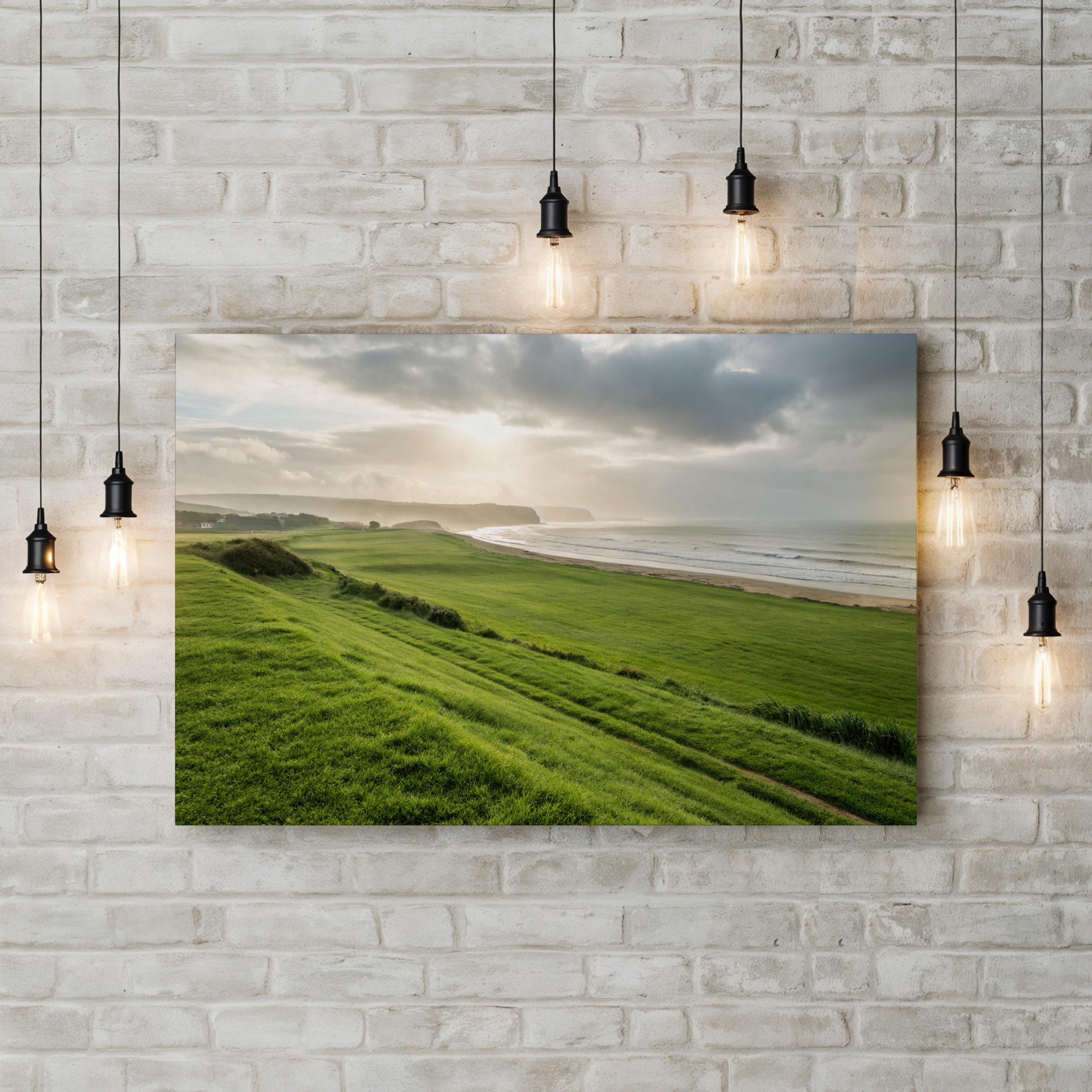 Green Grassy Beach – Vintage Photography Wall Art | Coastal Landscape Canvas Print