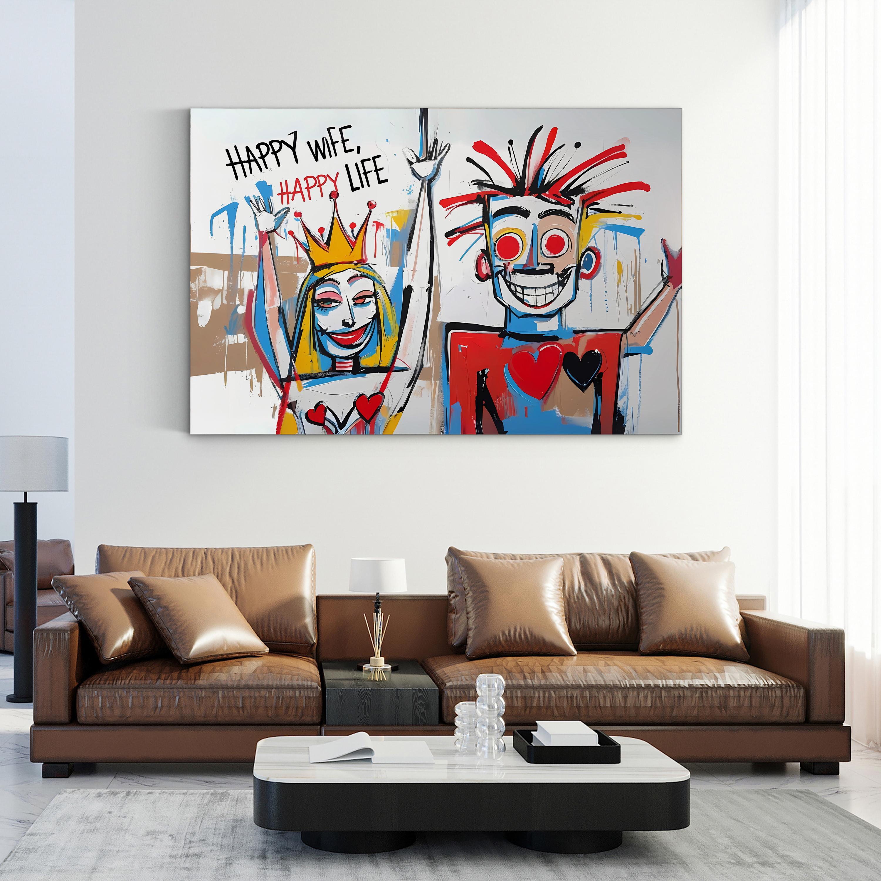 Basquiat Style Happy Wife Happy Life – Period Illustration Wall Art | Pop Art Canvas Print