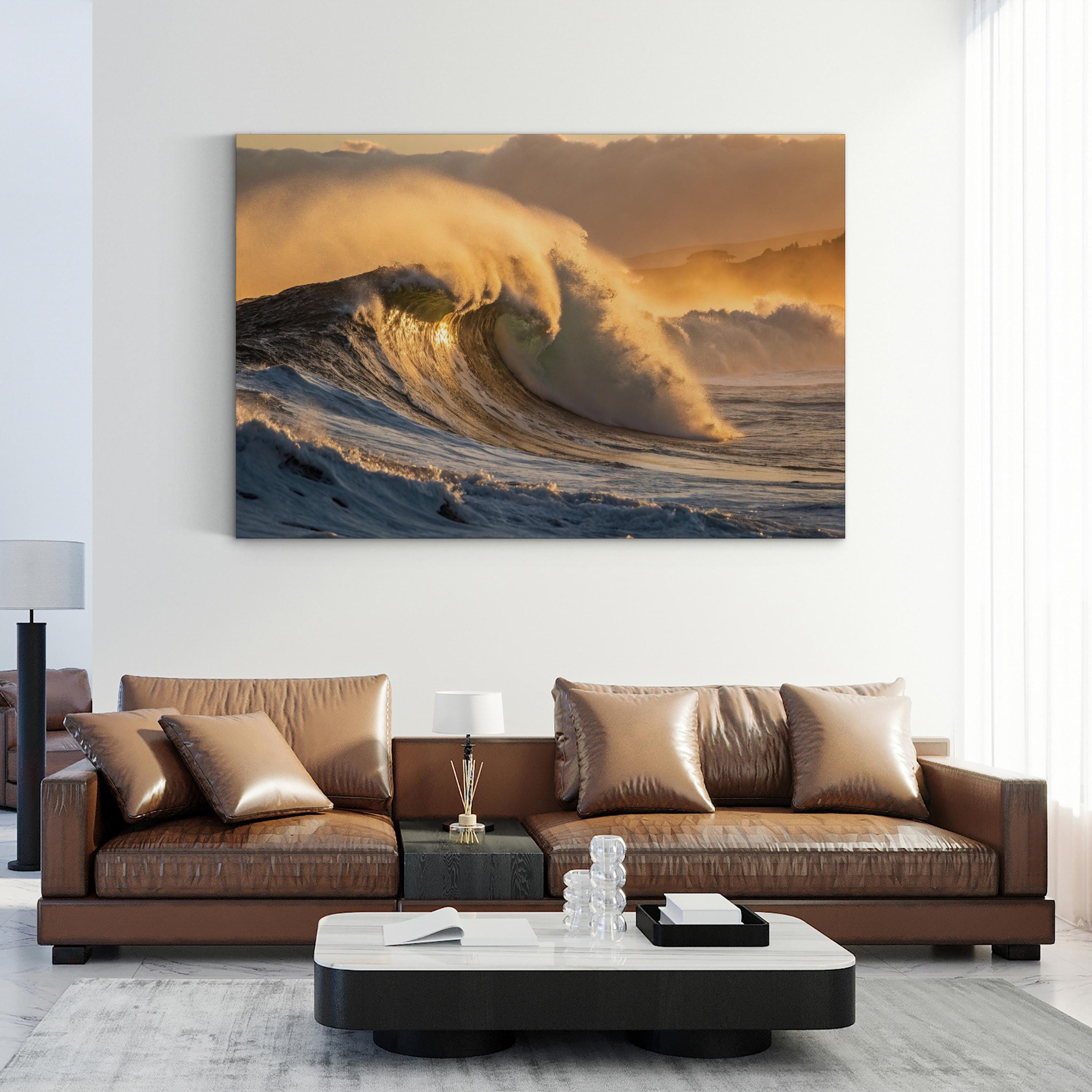 Golden Hour Ocean Wave Canvas Wall Art: Coastal Landscape Nautical Seascape Print