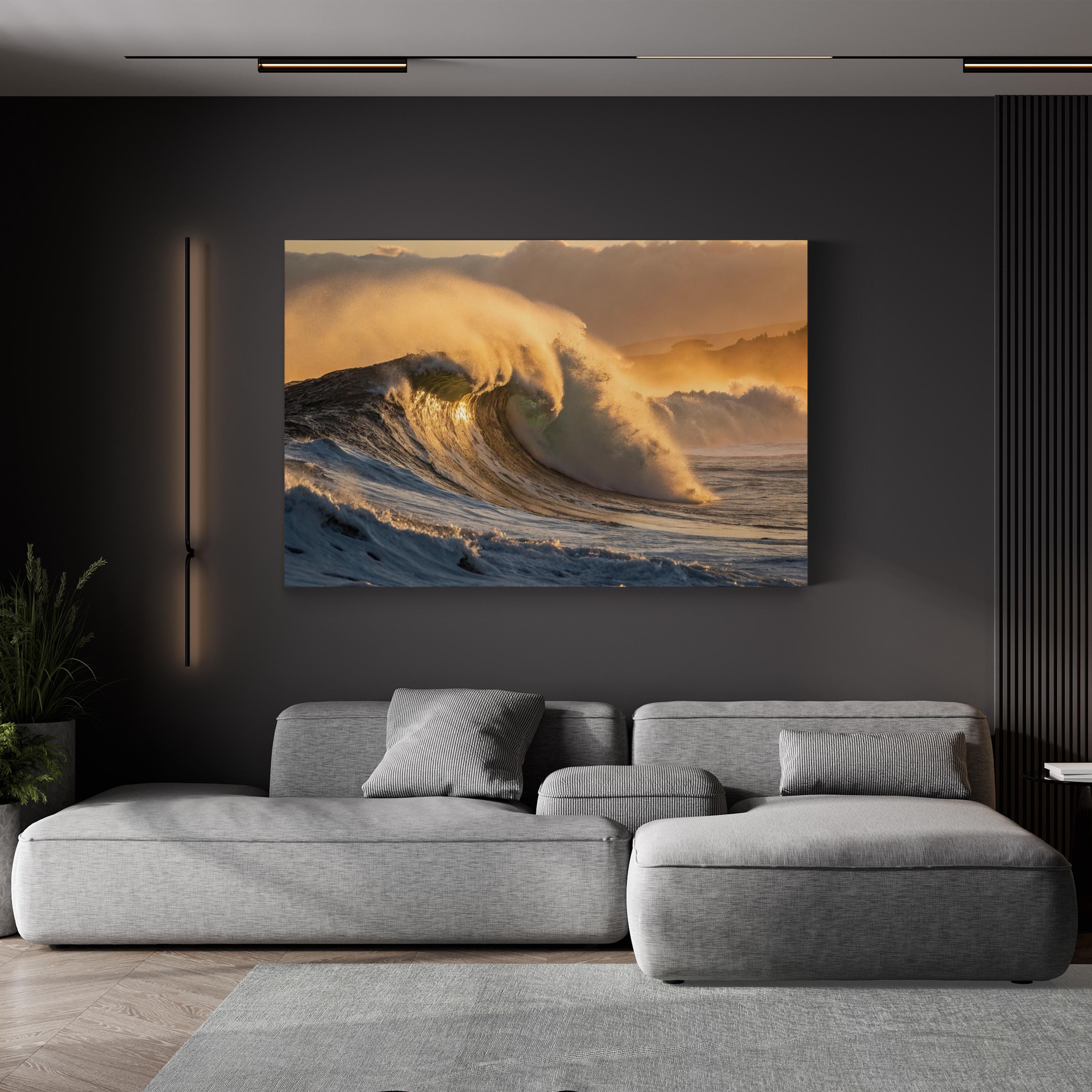 Golden Hour Ocean Wave Canvas Wall Art: Coastal Landscape Nautical Seascape Print