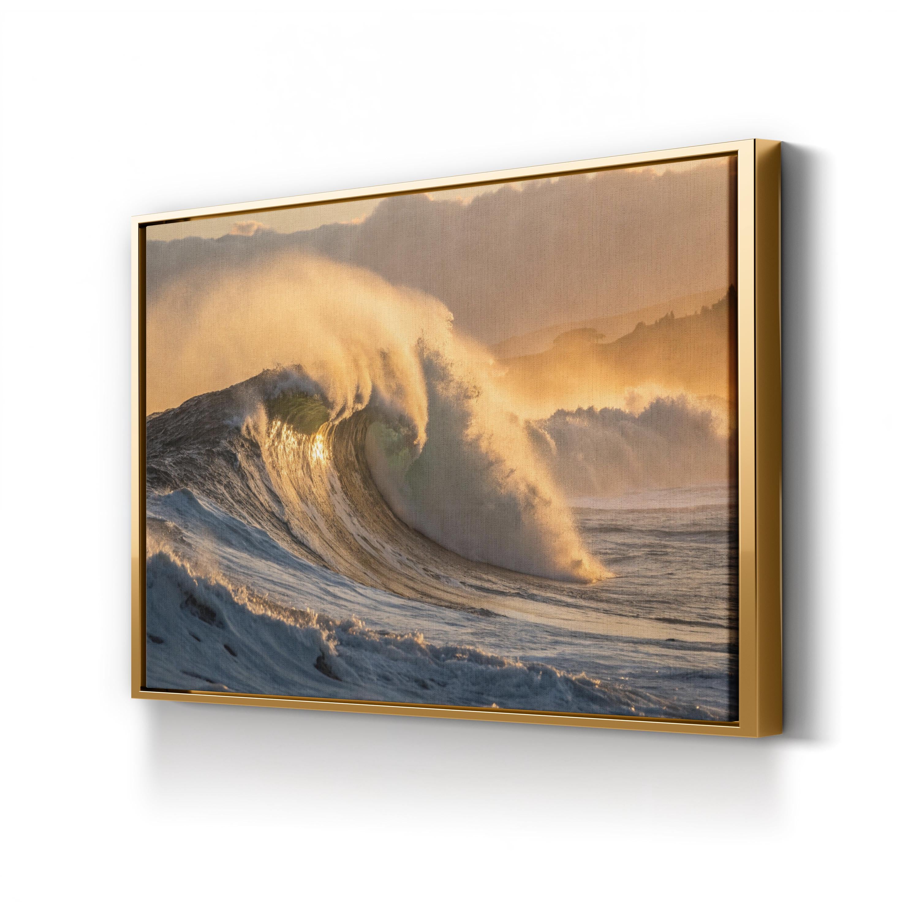 Golden Hour Ocean Wave Canvas Wall Art: Coastal Landscape Nautical Seascape Print