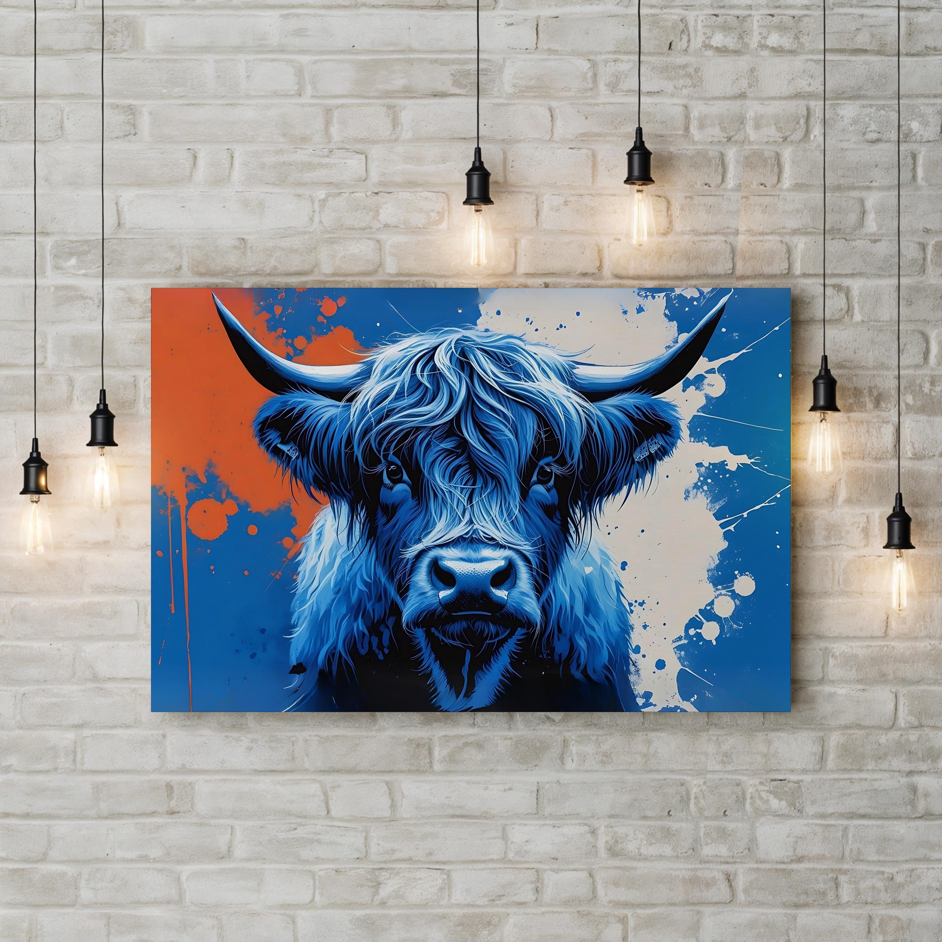 Highland Cow Canvas – Abstract Blue Animal Wall Art