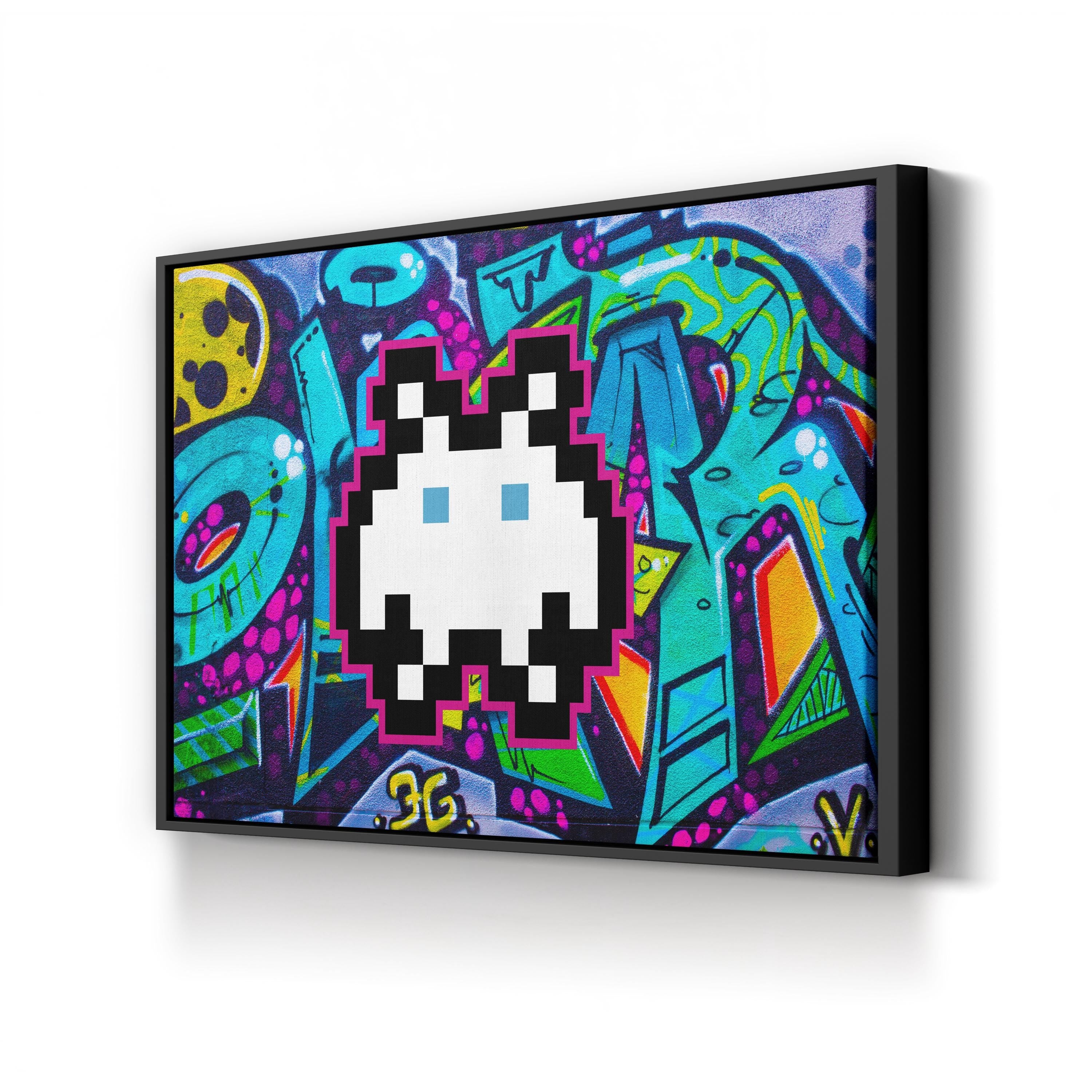 Graffiti Space Invader – Period Illustration Wall Art | Retro Pixel Canvas Print