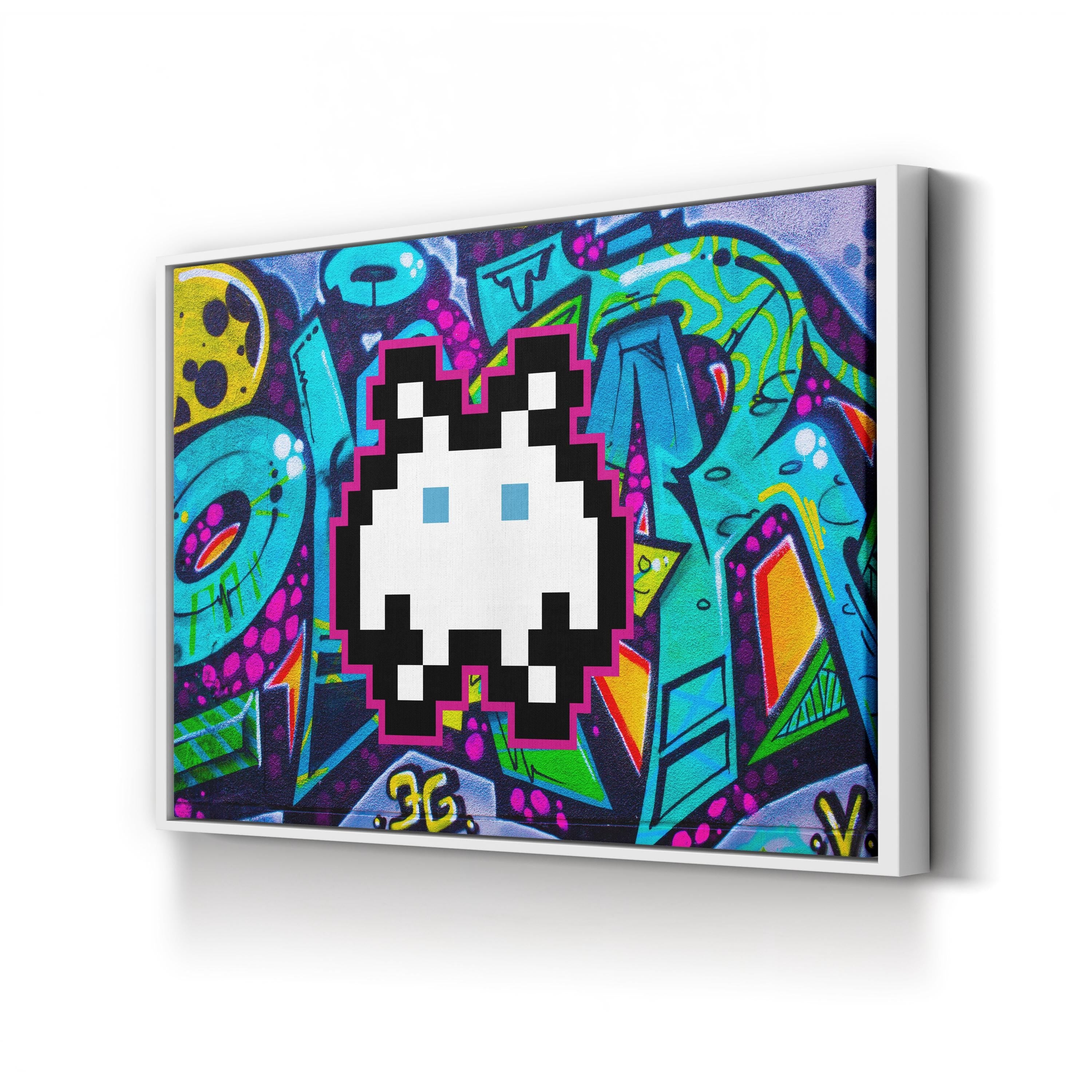 Graffiti Space Invader – Period Illustration Wall Art | Retro Pixel Canvas Print