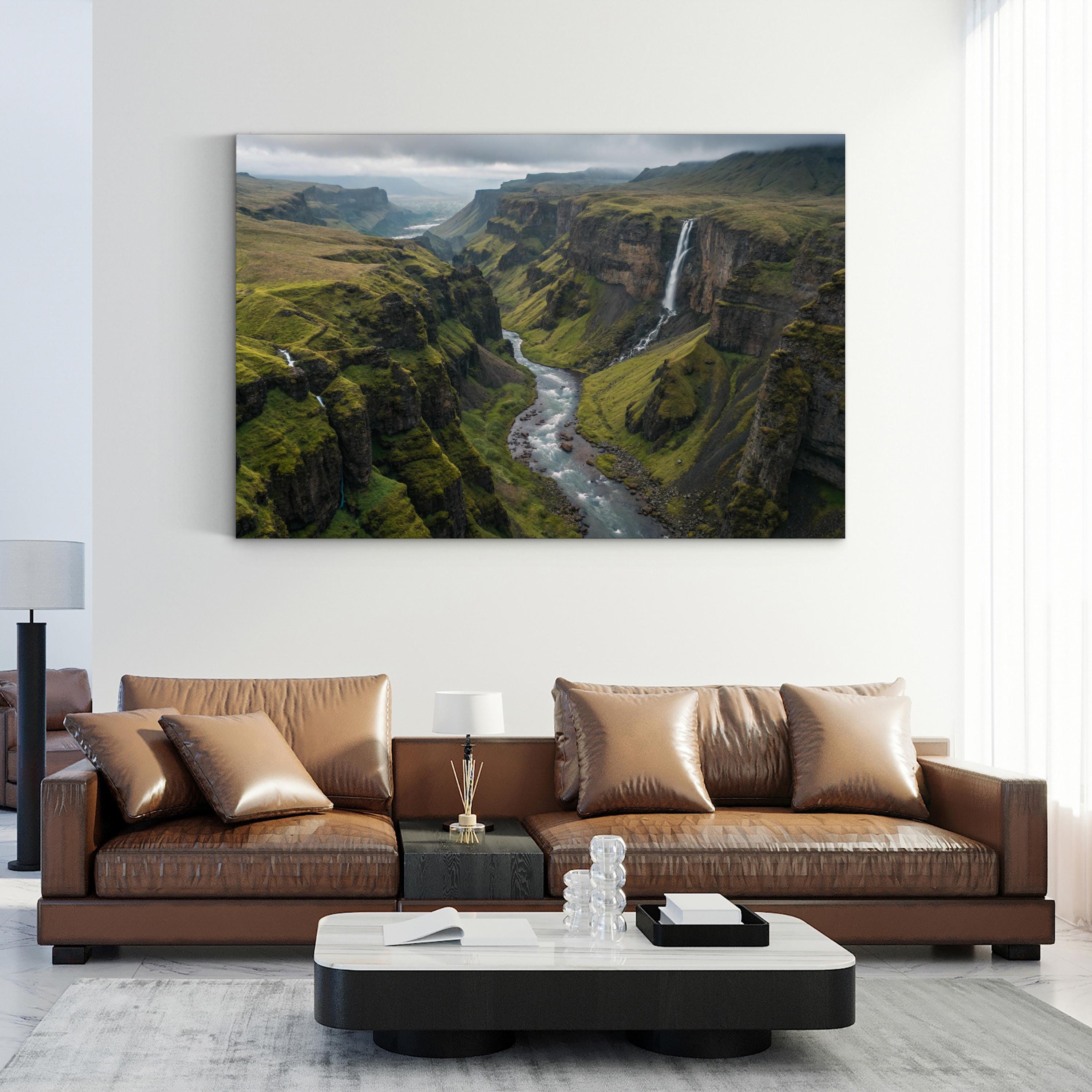 Iceland Green Canyon Waterfall – Vintage Photography Wall Art | Majestic Landscape Canvas Print