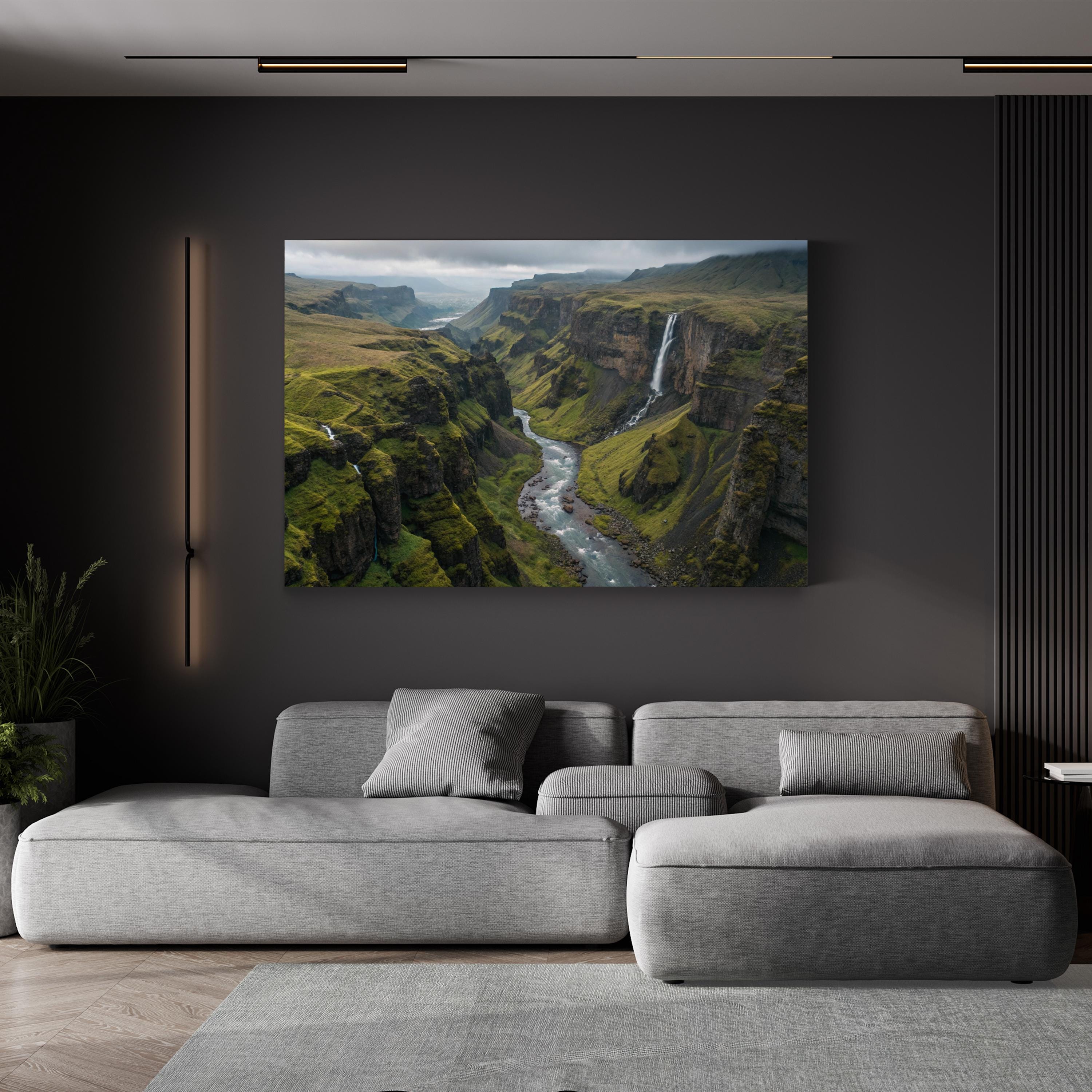 Iceland Green Canyon Waterfall – Vintage Photography Wall Art | Majestic Landscape Canvas Print