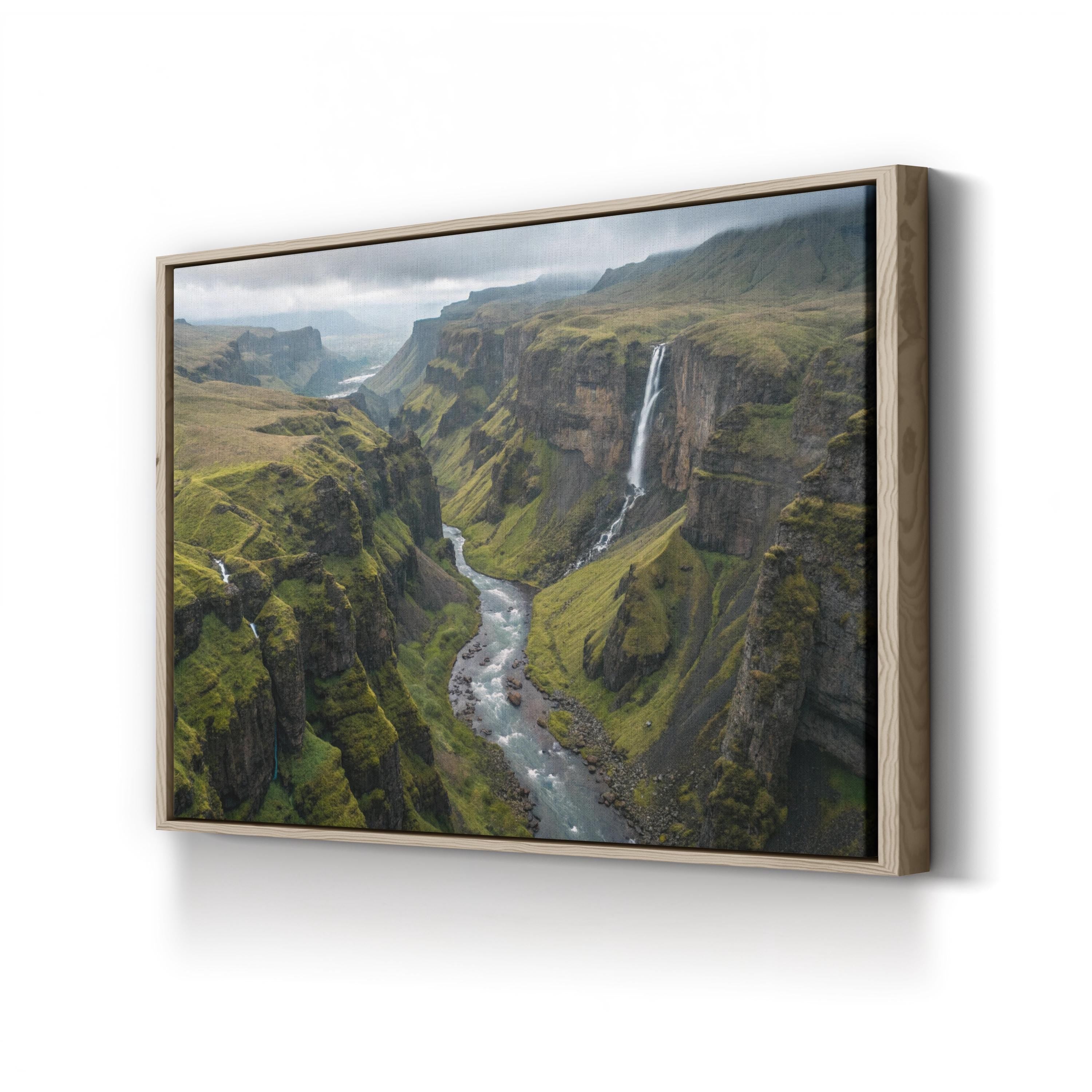 Iceland Green Canyon Waterfall – Vintage Photography Wall Art | Majestic Landscape Canvas Print