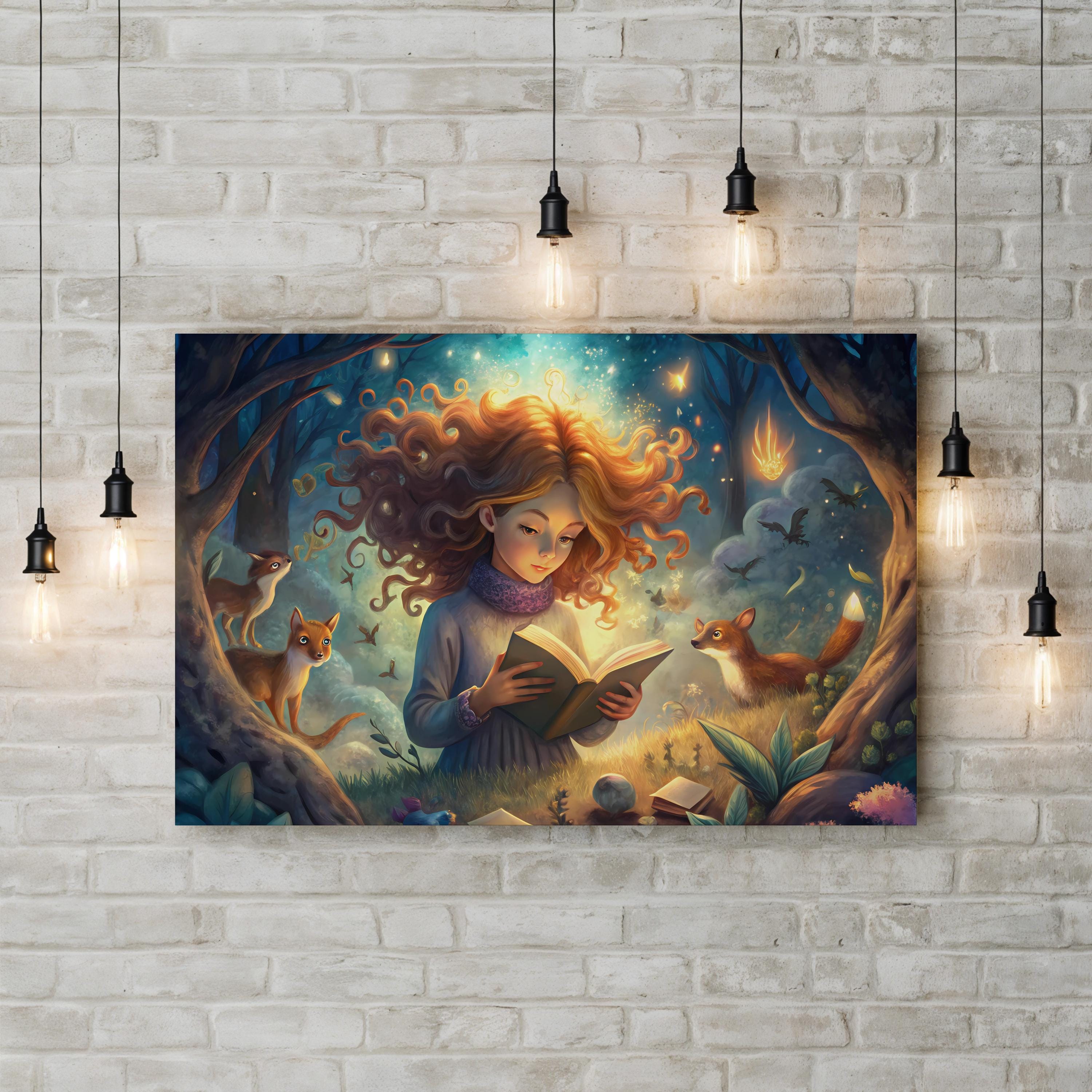 Girl Reading with Forest Creatures – Period Illustration Wall Art | Fantasy Canvas Print