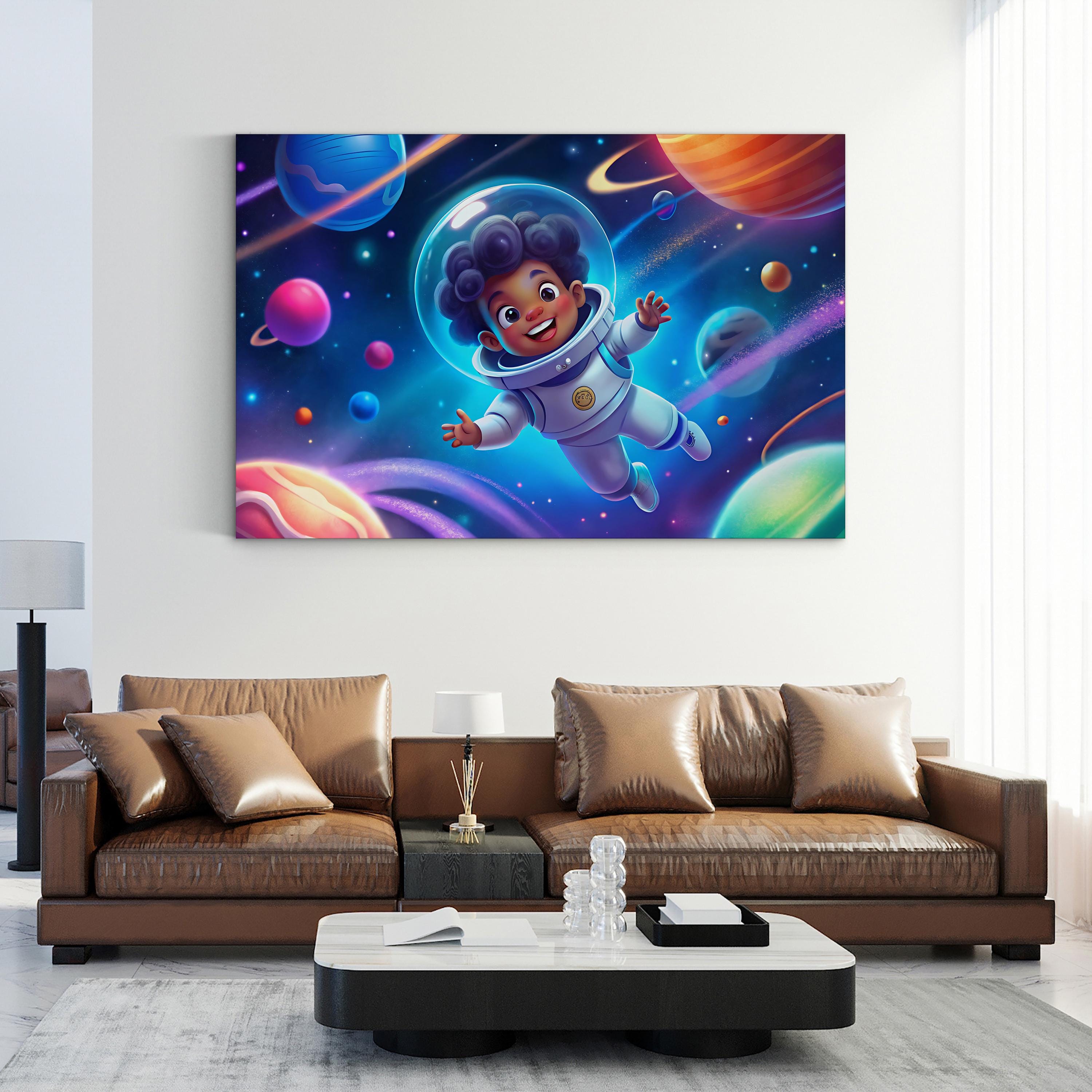 Astronaut Child Among Planets – Period Illustration Wall Art | Colorful Space Canvas Print