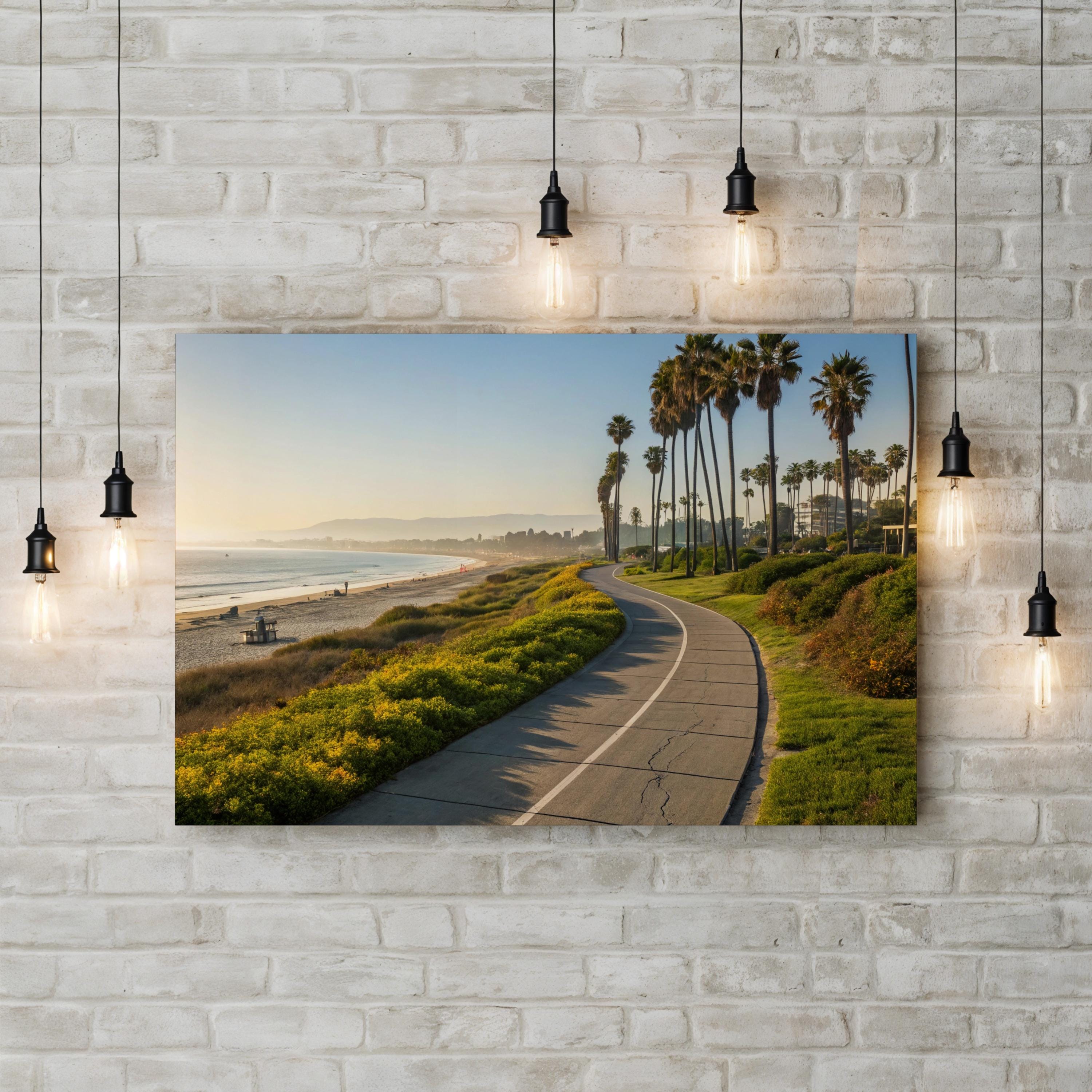Santa Barbara Bike Path, Santa Barbara, California Canvas Print: Coastal Palm Tree Beach Wall Art