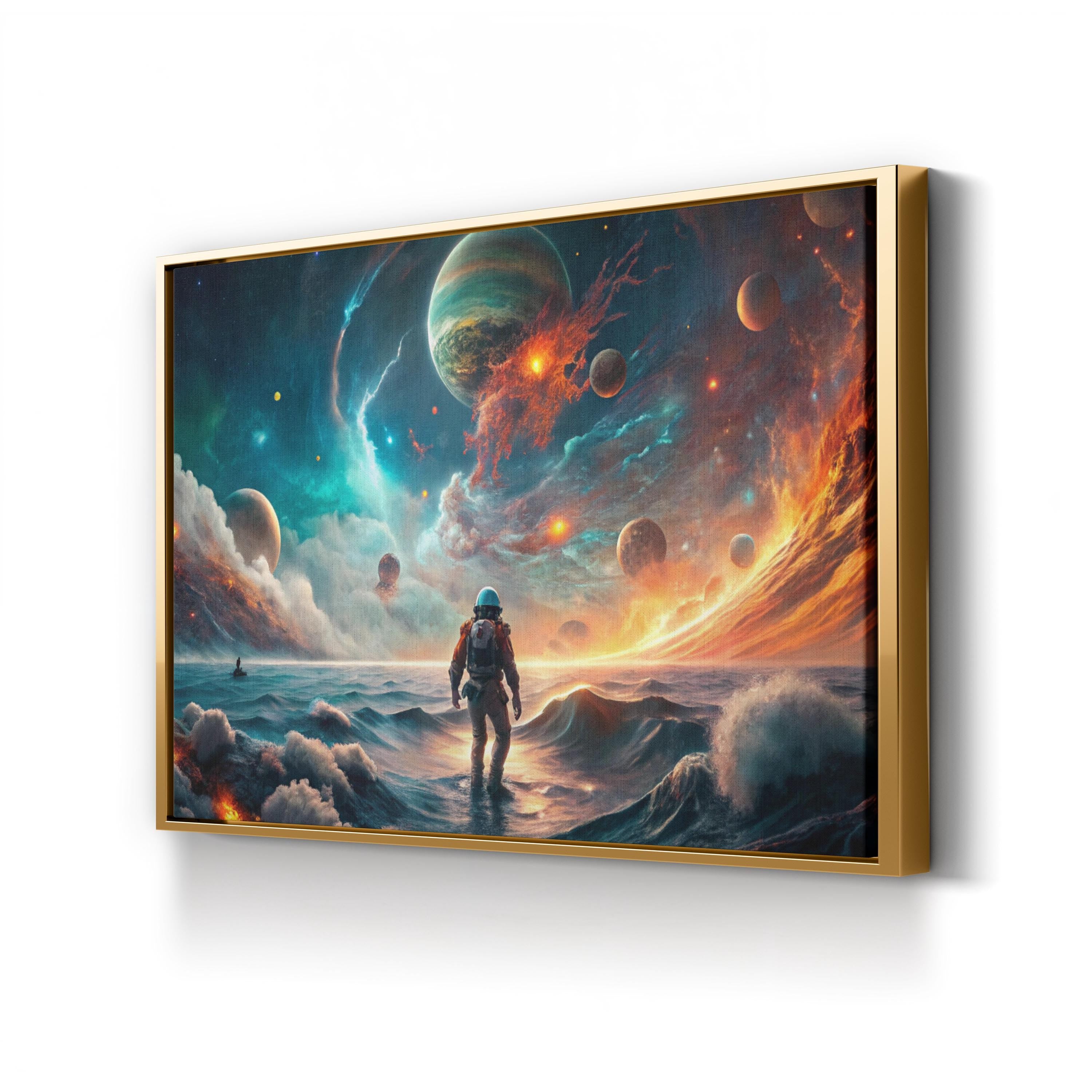 Astronaut at Cosmic Shoreline – Period Illustration Wall Art | Sea & Sky Canvas Print