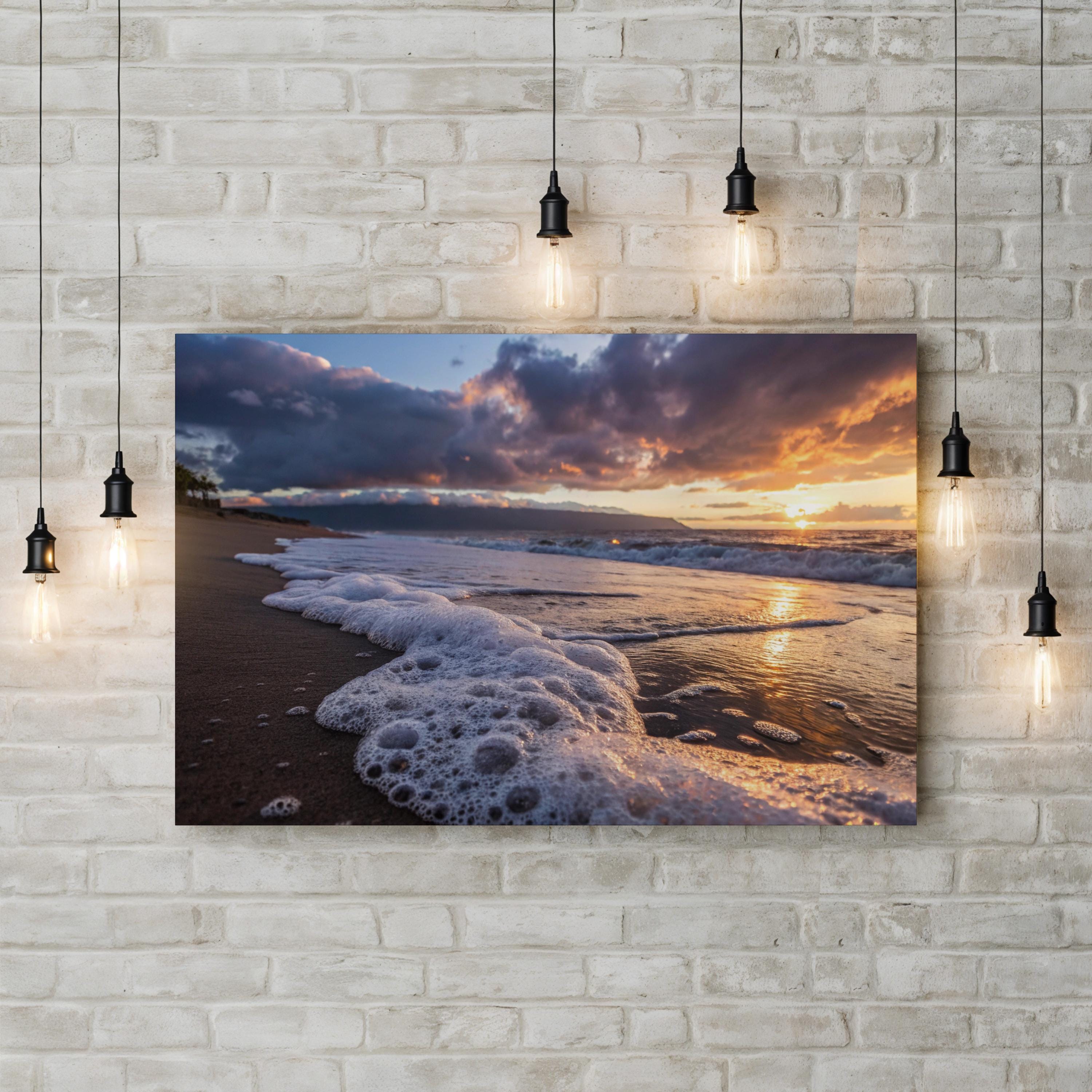 Seafoam Sunrise Canvas Wall Art — Coastal Beach Shoreline Photography Print