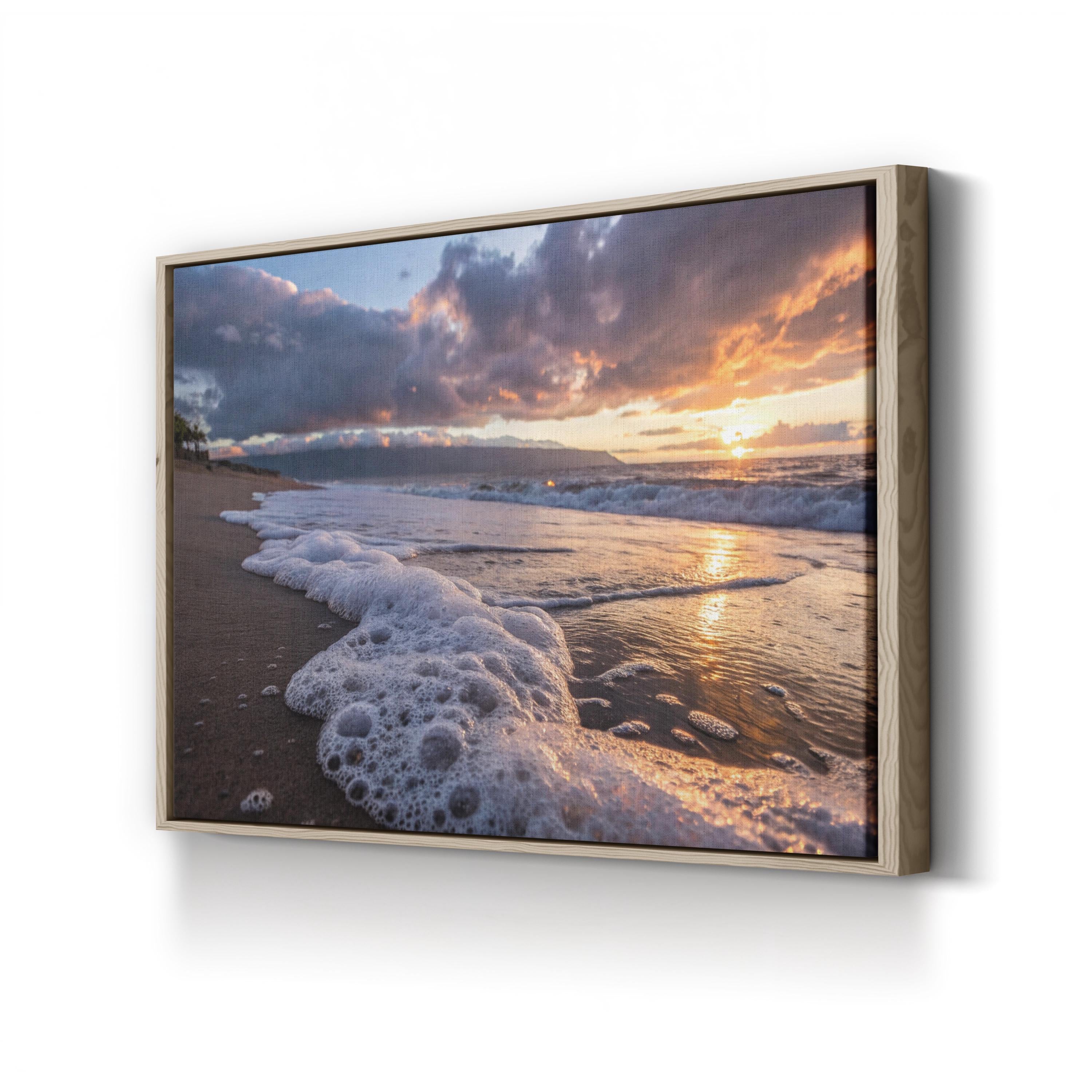 Seafoam Sunrise Canvas Wall Art — Coastal Beach Shoreline Photography Print