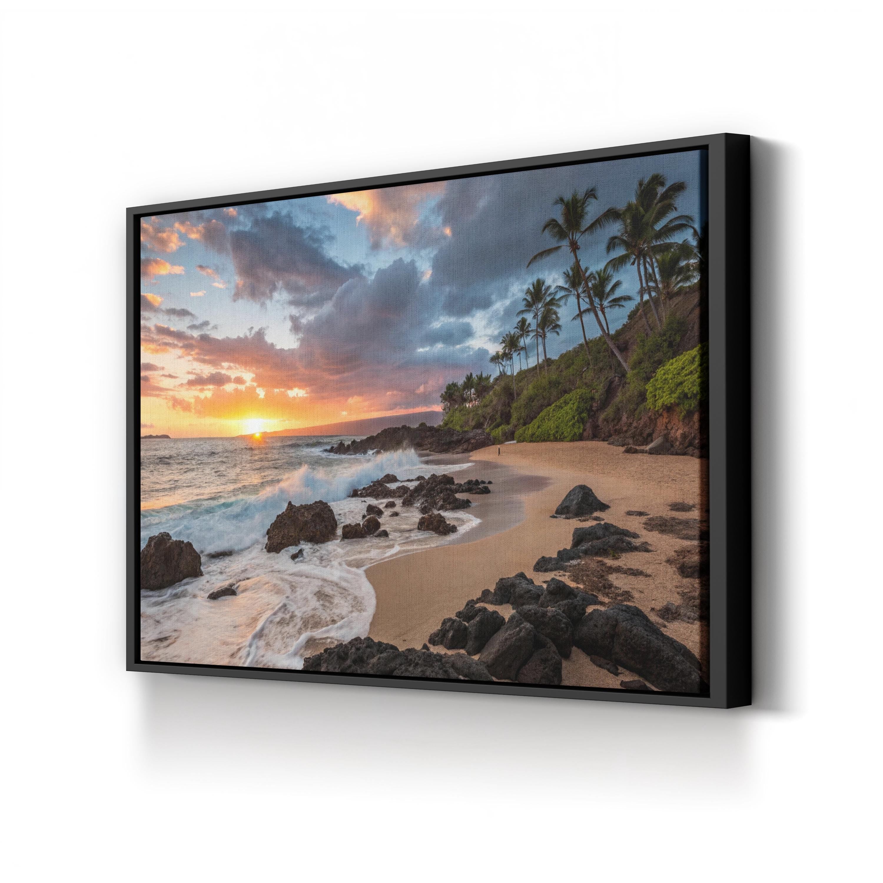 Secret Beach Kauai Hawaii Sunset Beach Canvas Art: Sunset Ocean Wave Photography, Coastal Decor