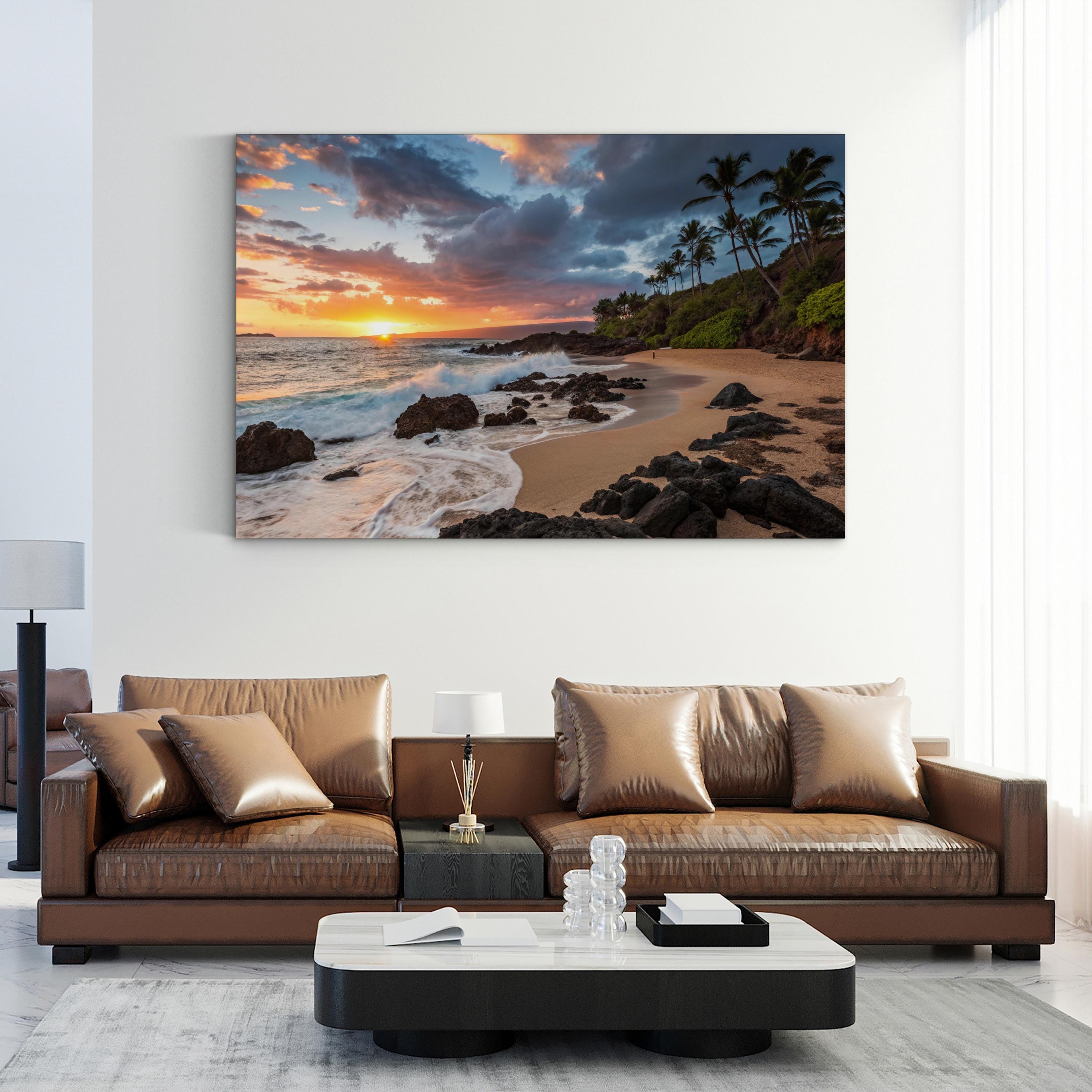 Secret Beach Kauai Hawaii Sunset Beach Canvas Art: Sunset Ocean Wave Photography, Coastal Decor