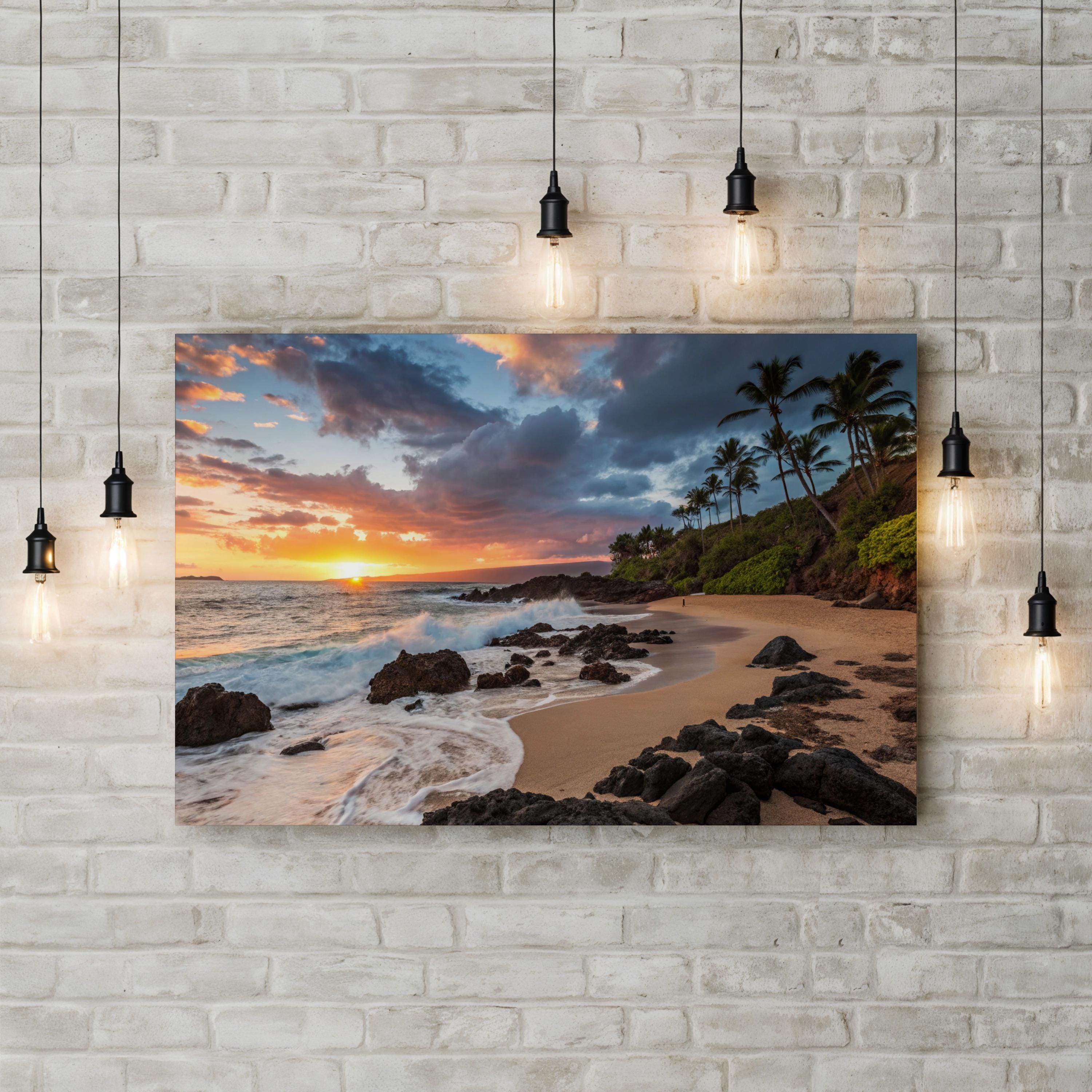 Secret Beach Kauai Hawaii Sunset Beach Canvas Art: Sunset Ocean Wave Photography, Coastal Decor