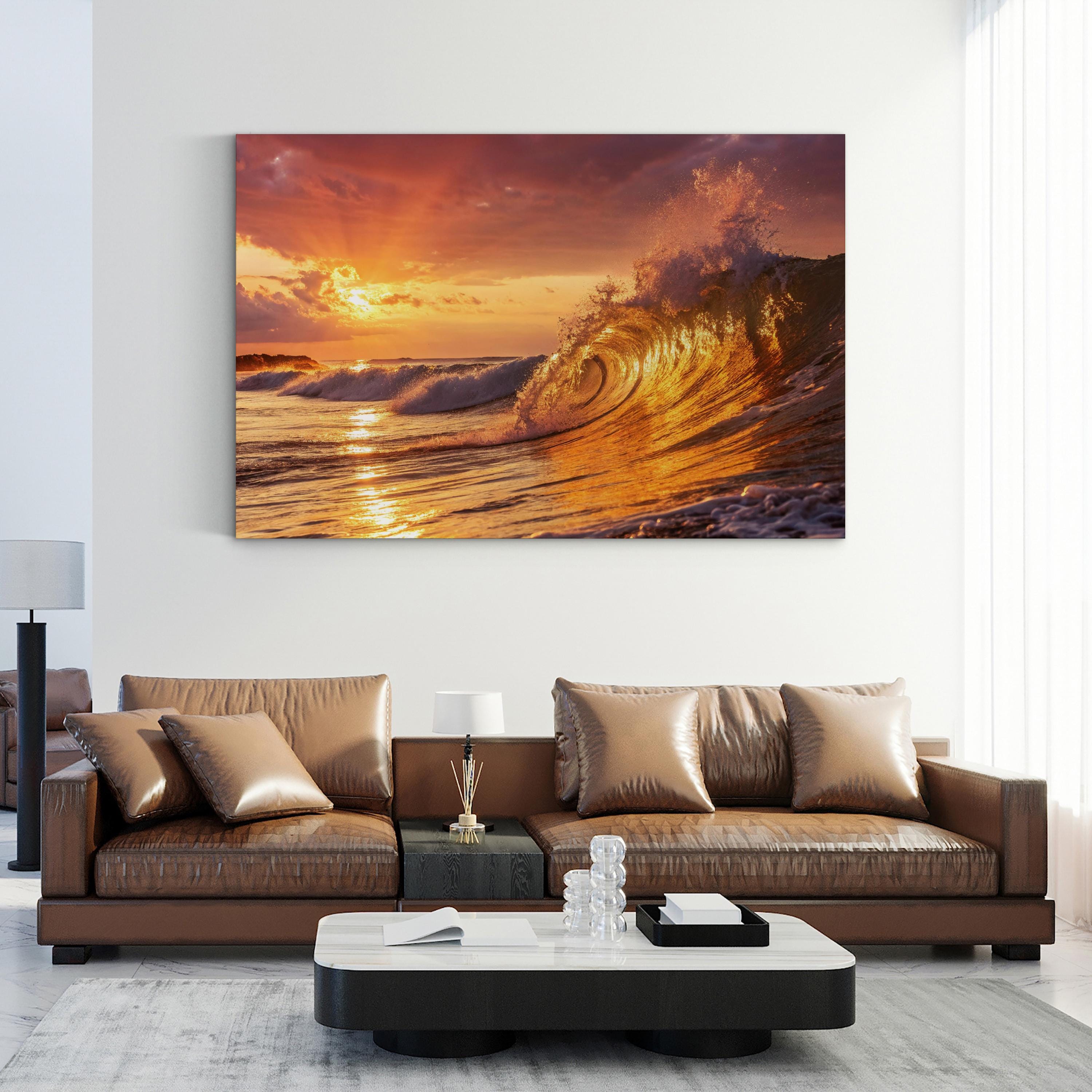 Golden Ocean Wave Canvas Wall Art: Coastal Beach House Statement Piece