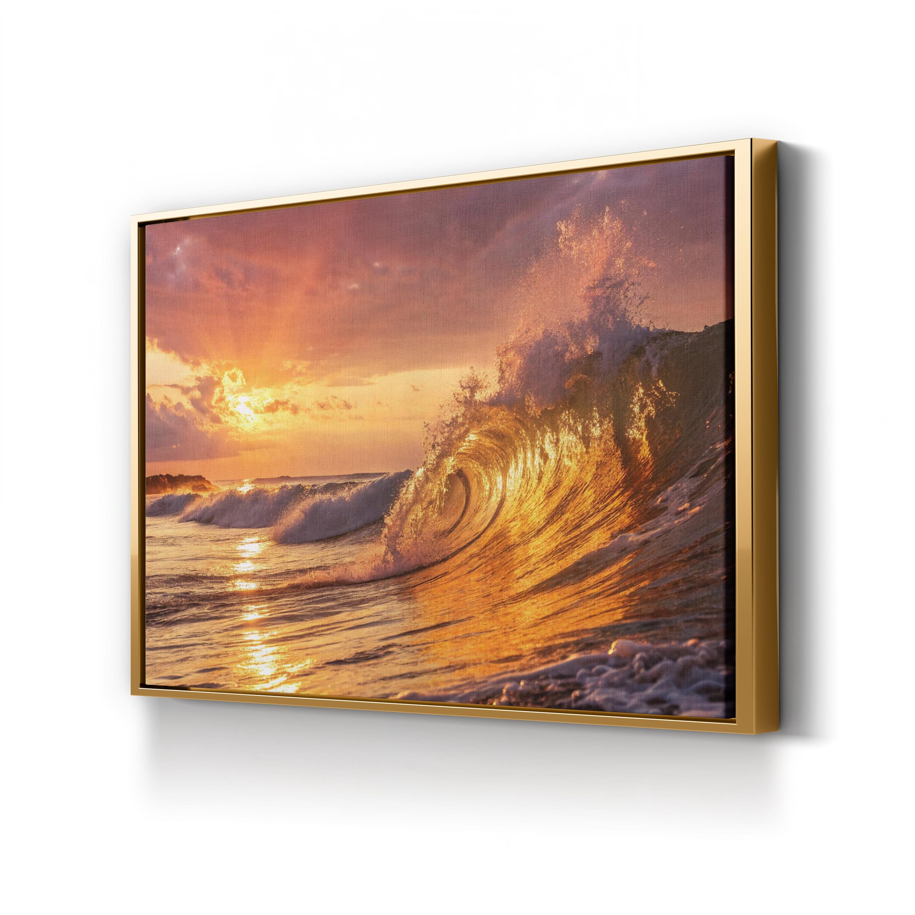 Golden Ocean Wave Canvas Wall Art: Coastal Beach House Statement Piece