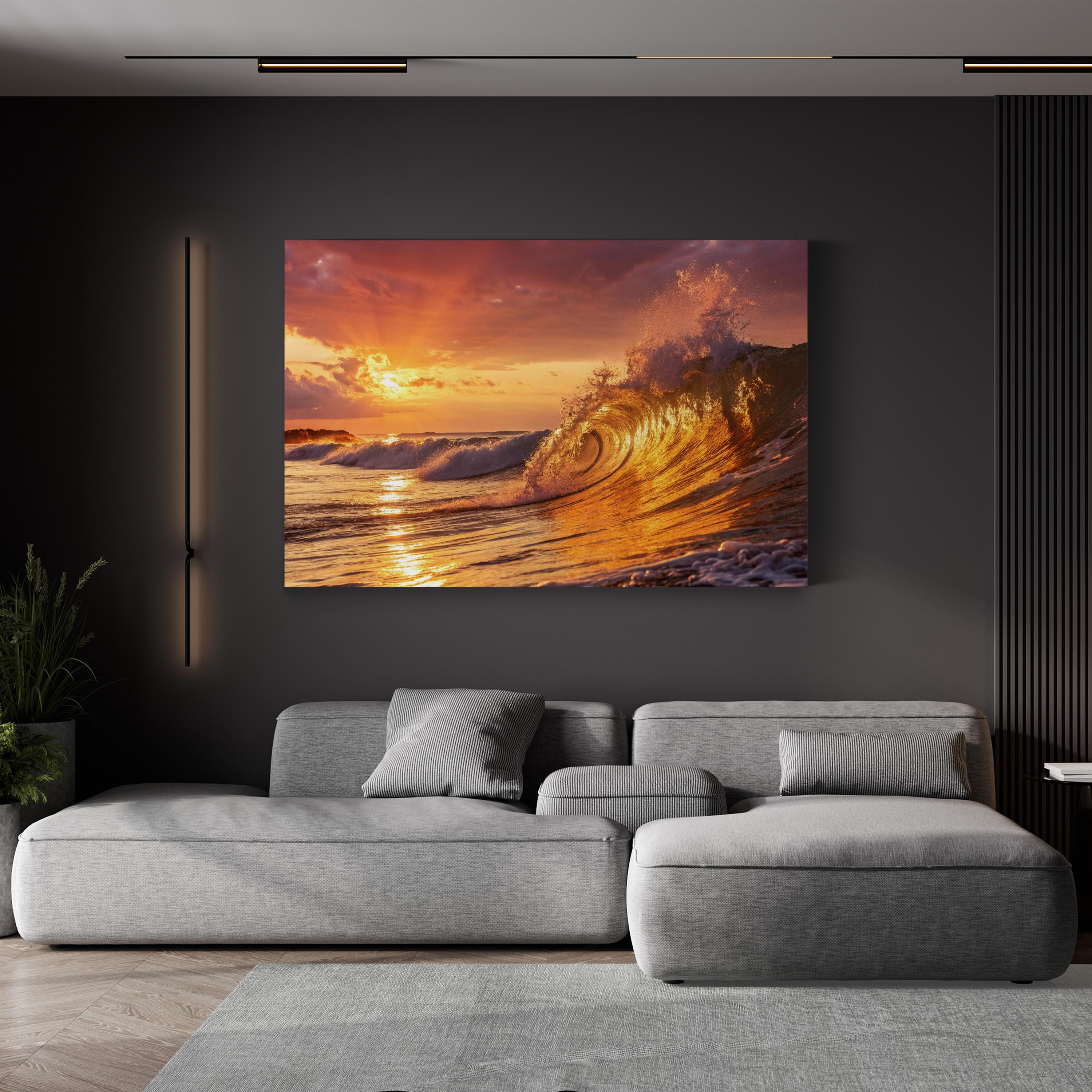 Golden Ocean Wave Canvas Wall Art: Coastal Beach House Statement Piece
