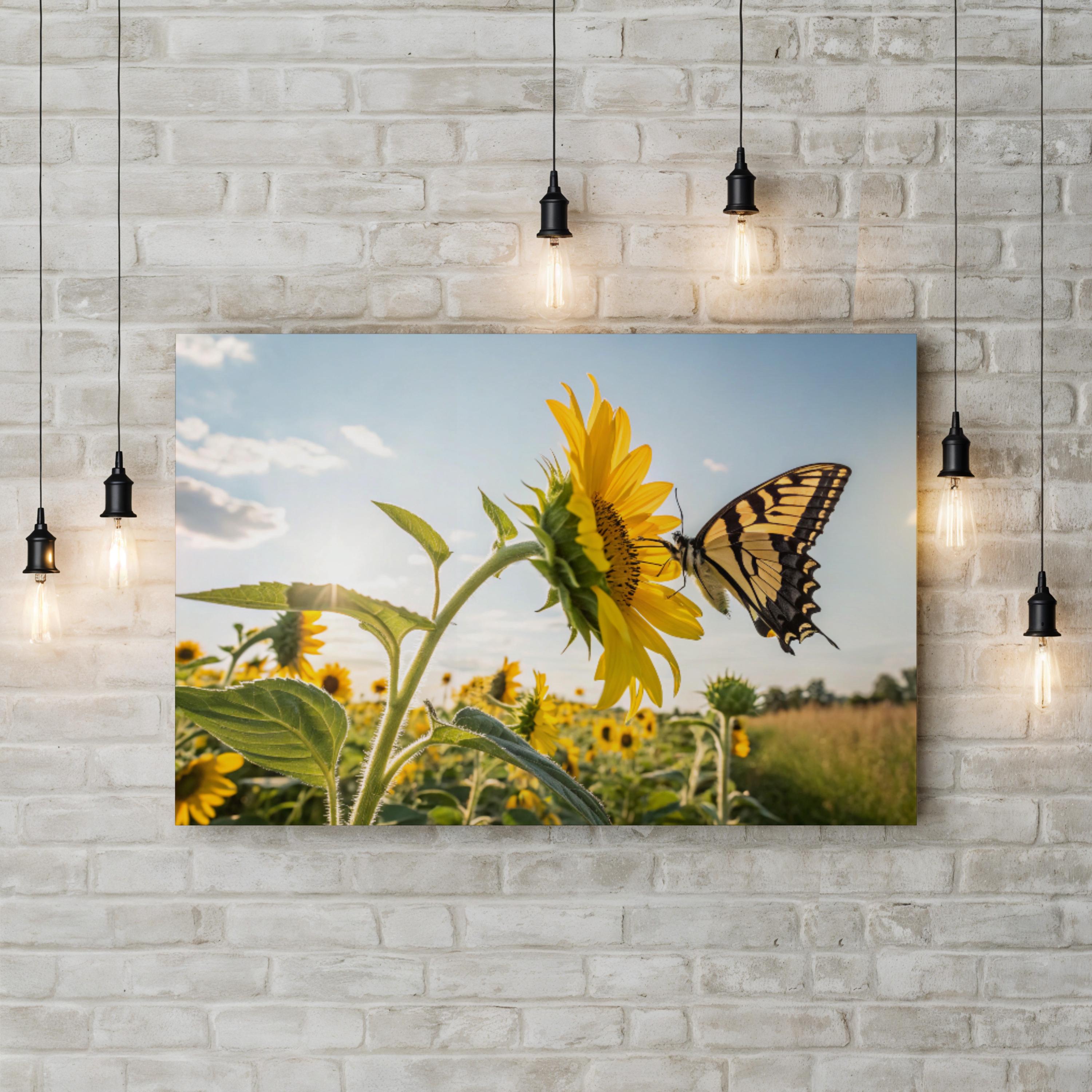 Sunflower & Butterfly – Vintage Photography Wall Art | Sunlit Field Canvas Print