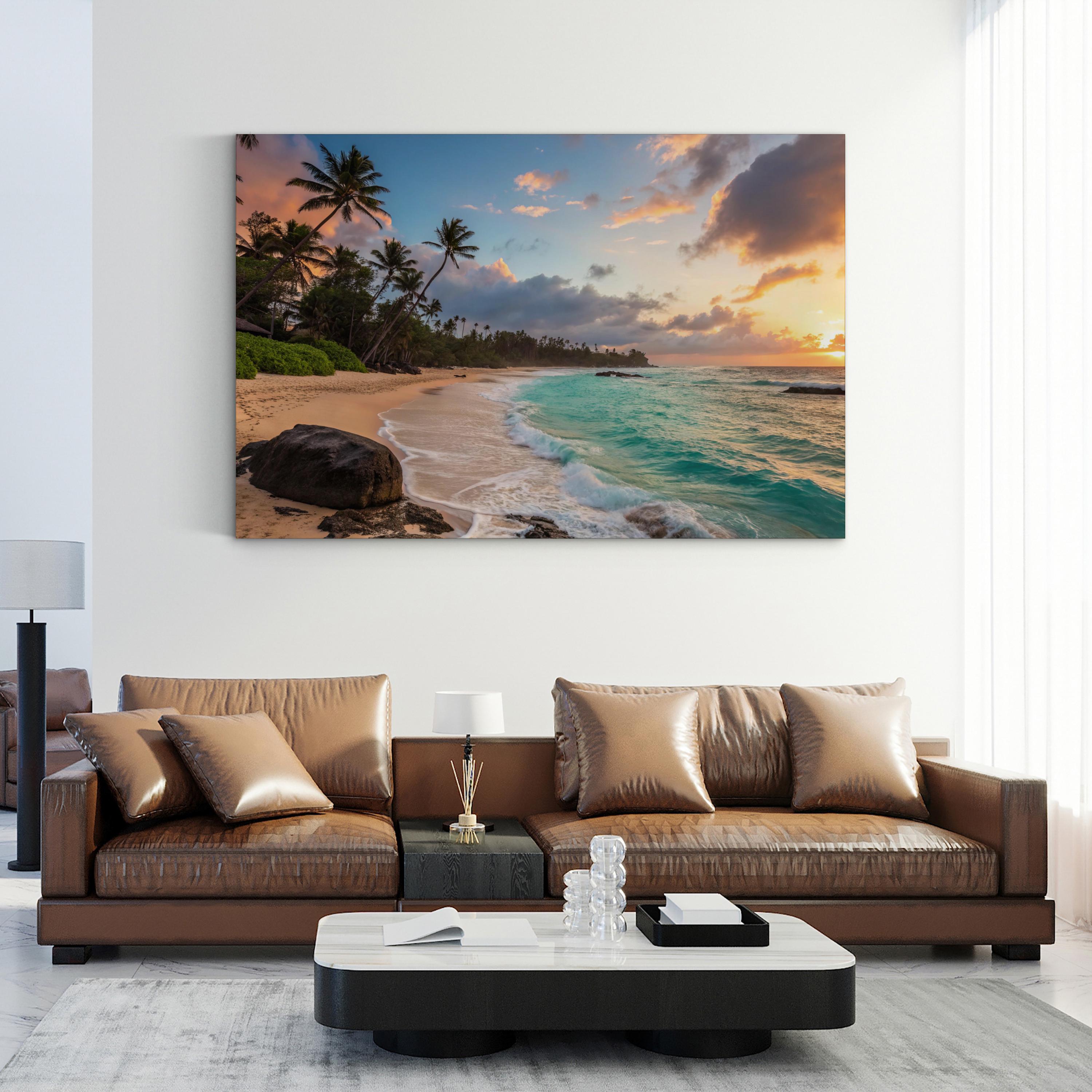 Tropical Beach at Sunset, Caribbean Coast — Ocean Landscape Canvas Wall Art