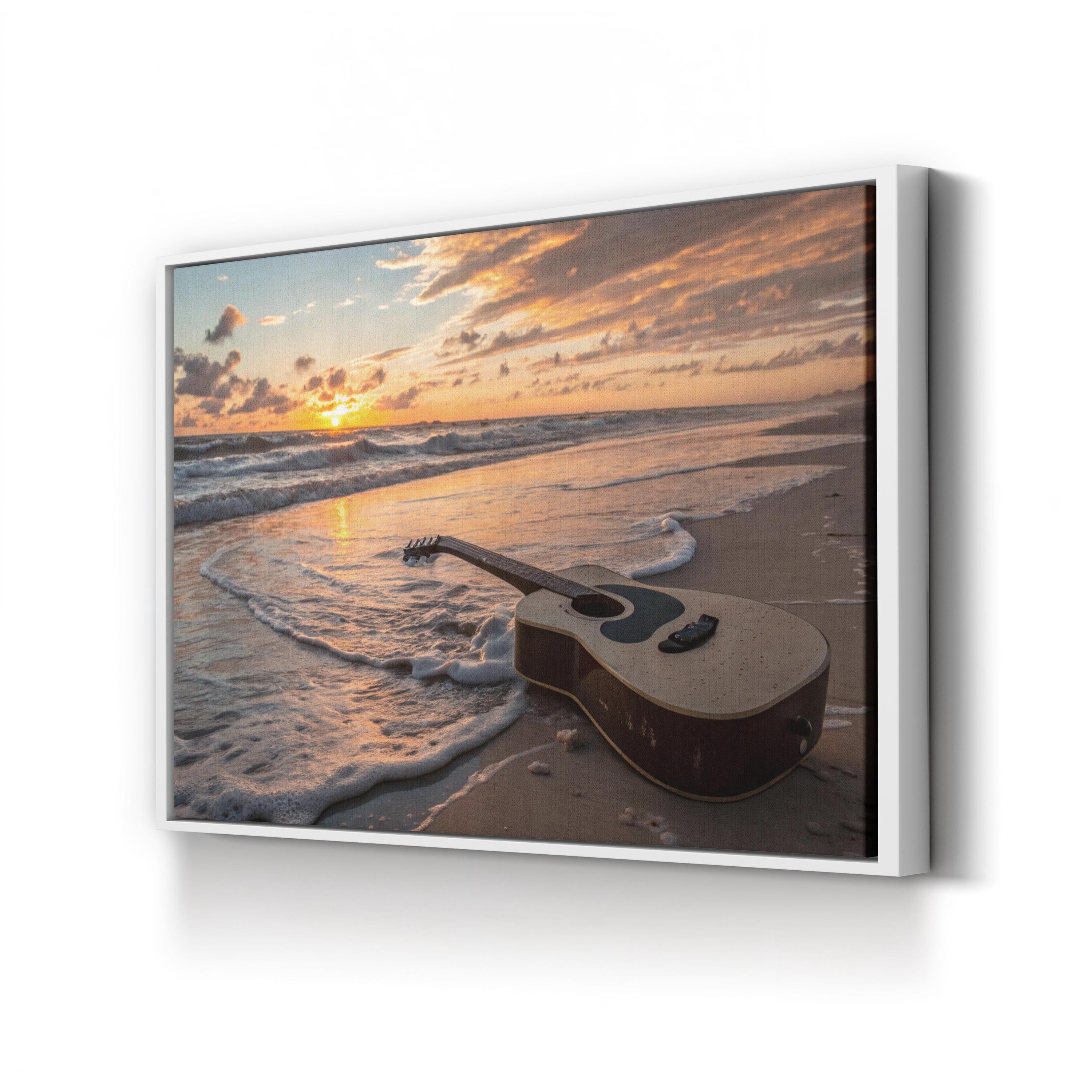 Sunset Guitar Wall Art | Ocean Beach Landscape Canvas Print