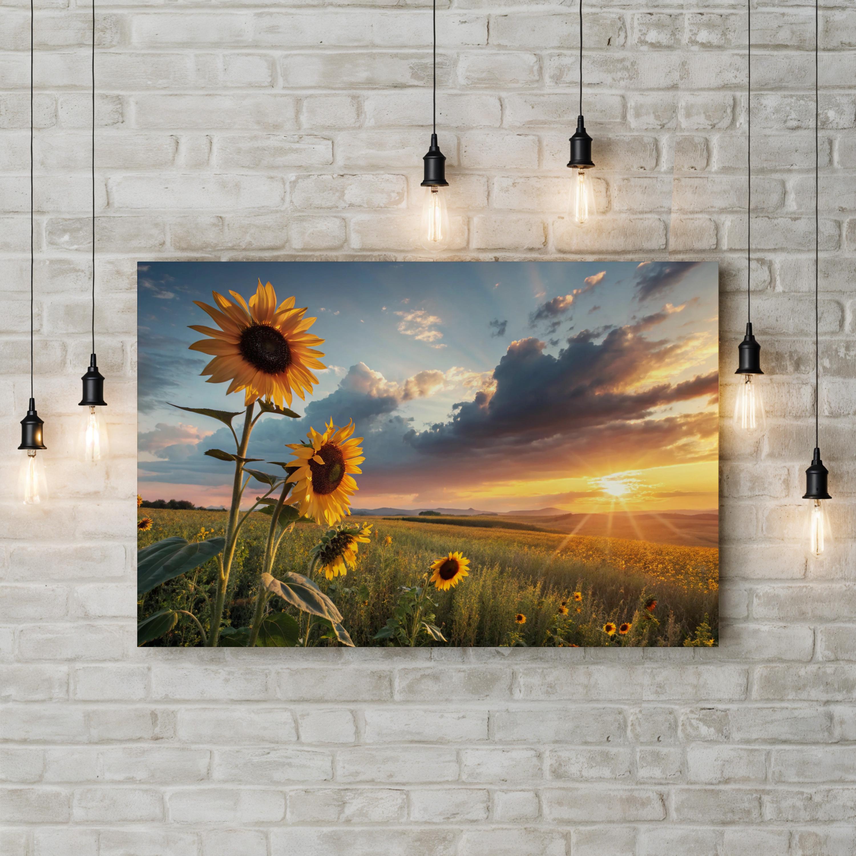 Sunflower Sunset Field – Vintage Photography Wall Art | Golden Landscape Canvas Print