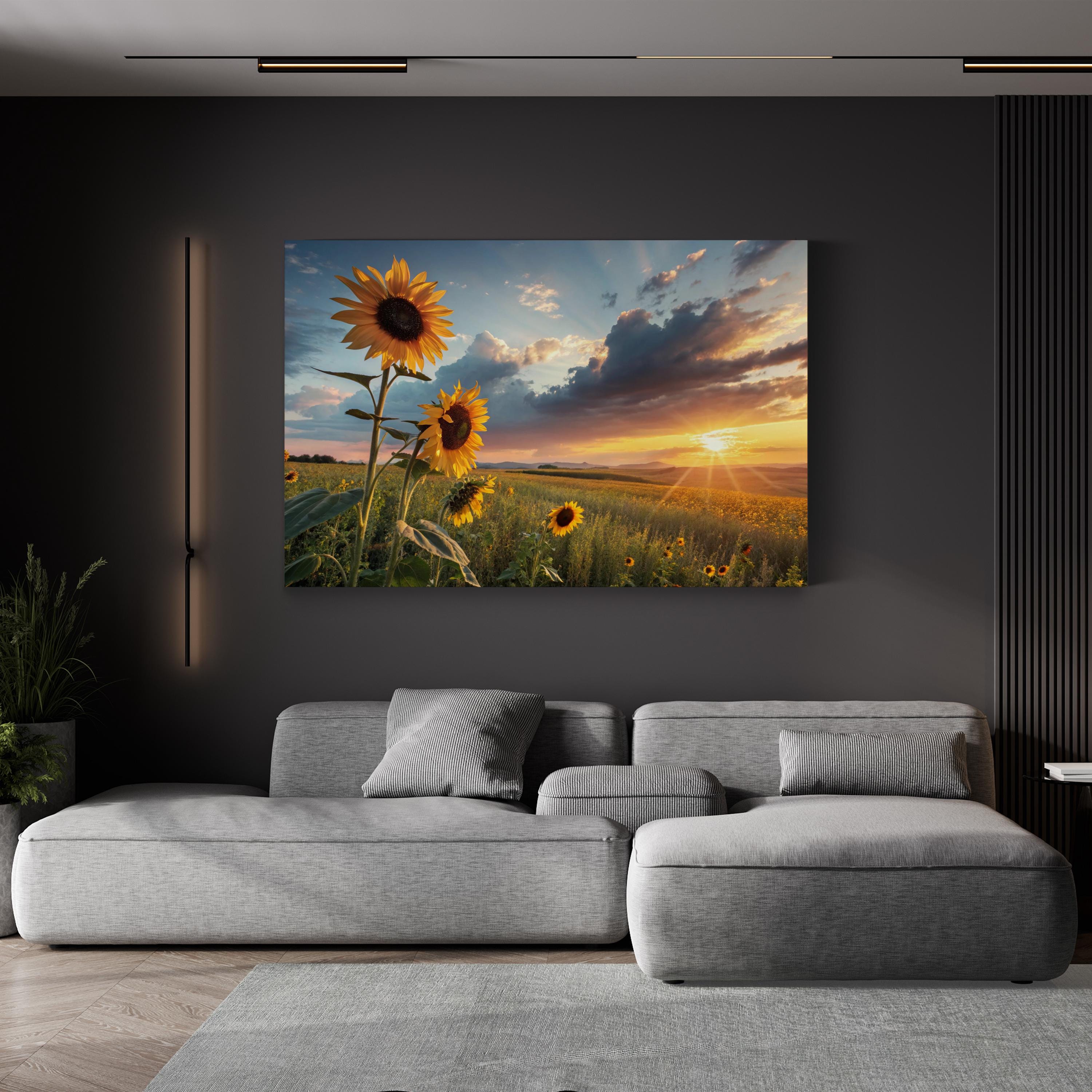 Sunflower Sunset Field – Vintage Photography Wall Art | Golden Landscape Canvas Print