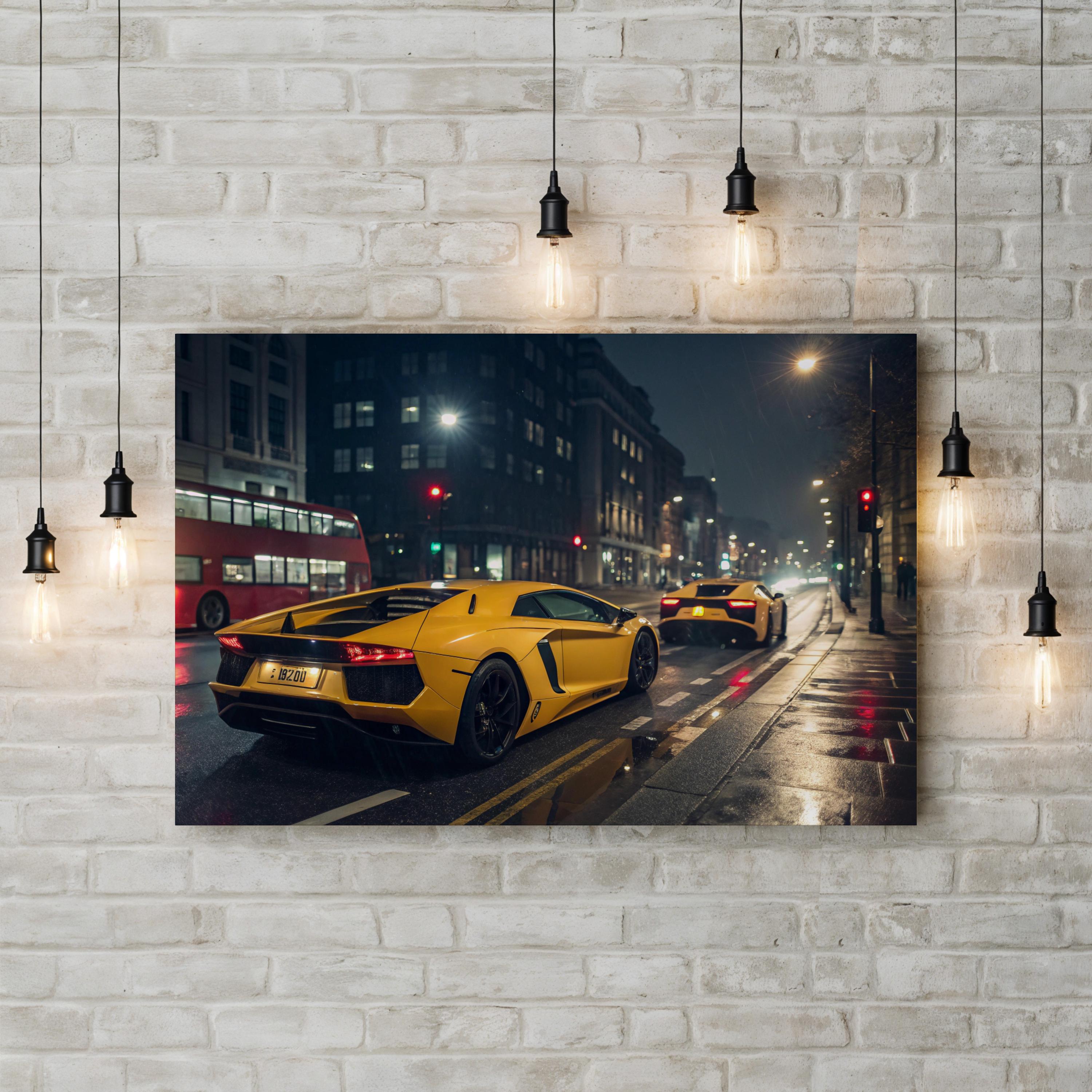 Yellow Sports Car Night City – Vintage Photography Wall Art | Automotive Canvas Print